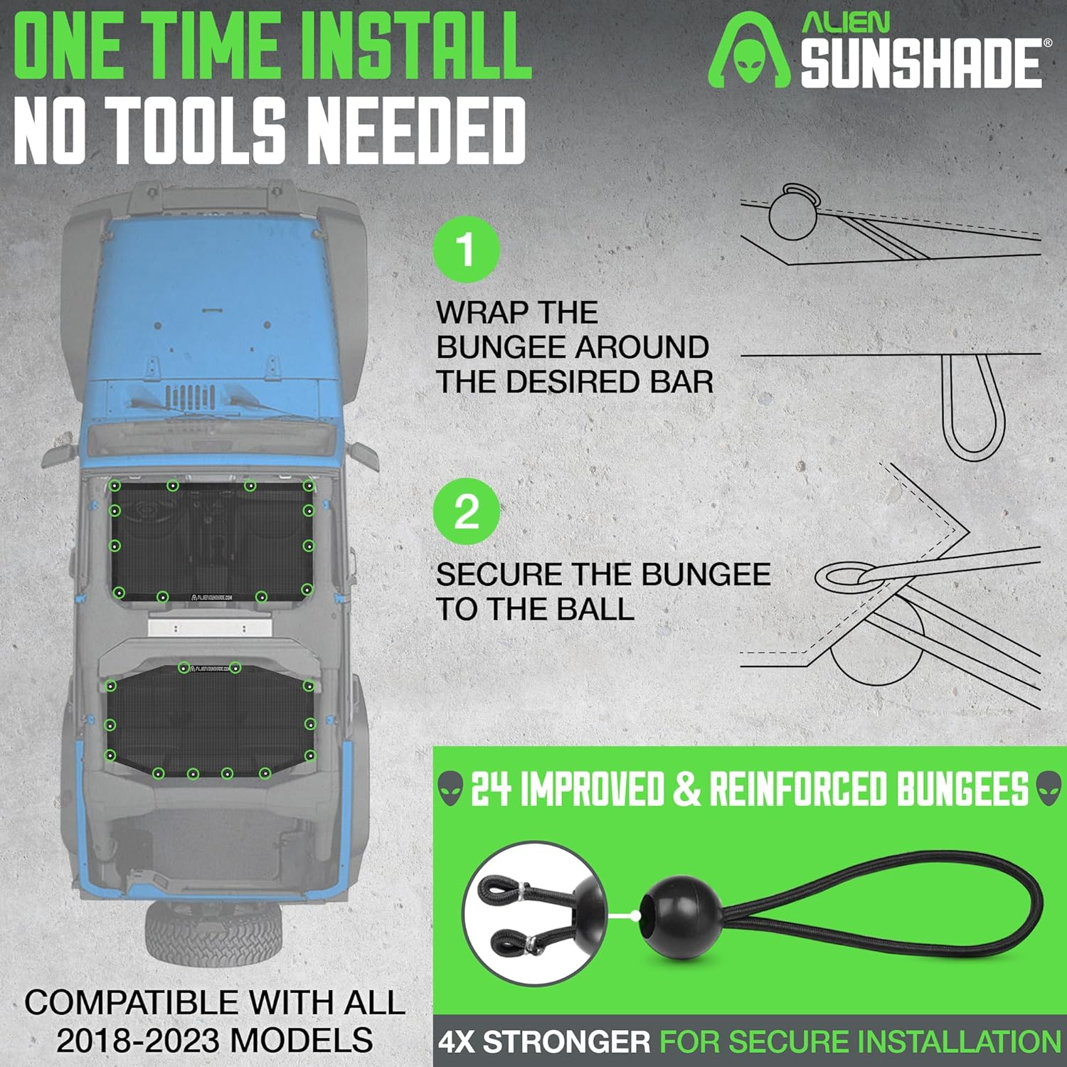 Alien Sunshade Jeep Wrangler JLU (2018-2023) &ndash; Front & Rear Mesh Sun Shade for Jeep JL Unlimited - Blocks UV, Wind, Noise - Bikini Jlkini Top Cover for Sport, Sport S, Sahara, Rubicon (Black)