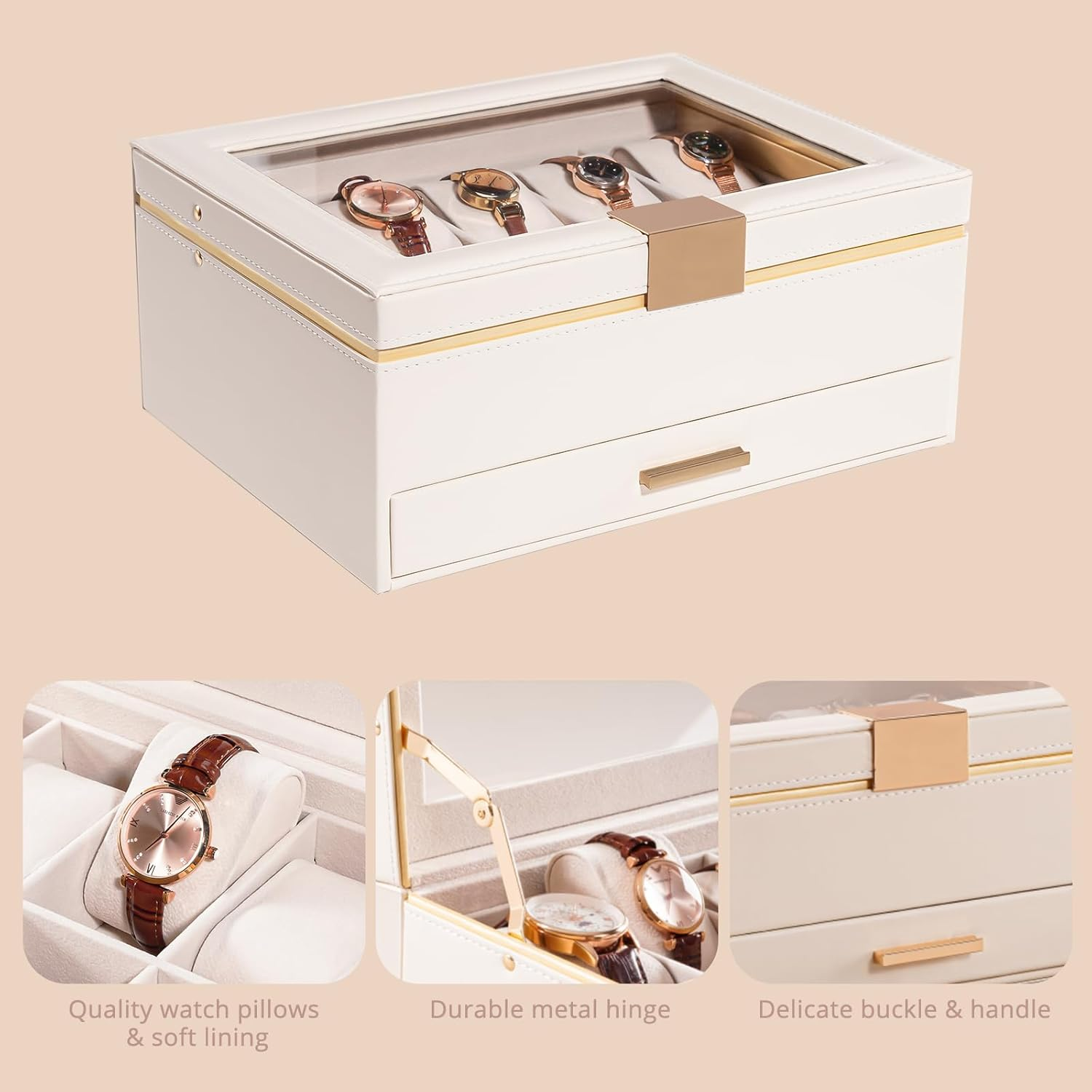 Procase Watch Case for Women, 10 Slot Watch Display Case with Drawer, 2-Layer Womens Watch Box, 10 Watch Box Organizer, Jewelry and Watch Holder Storage Case with Glass Lid -Beige image number 4