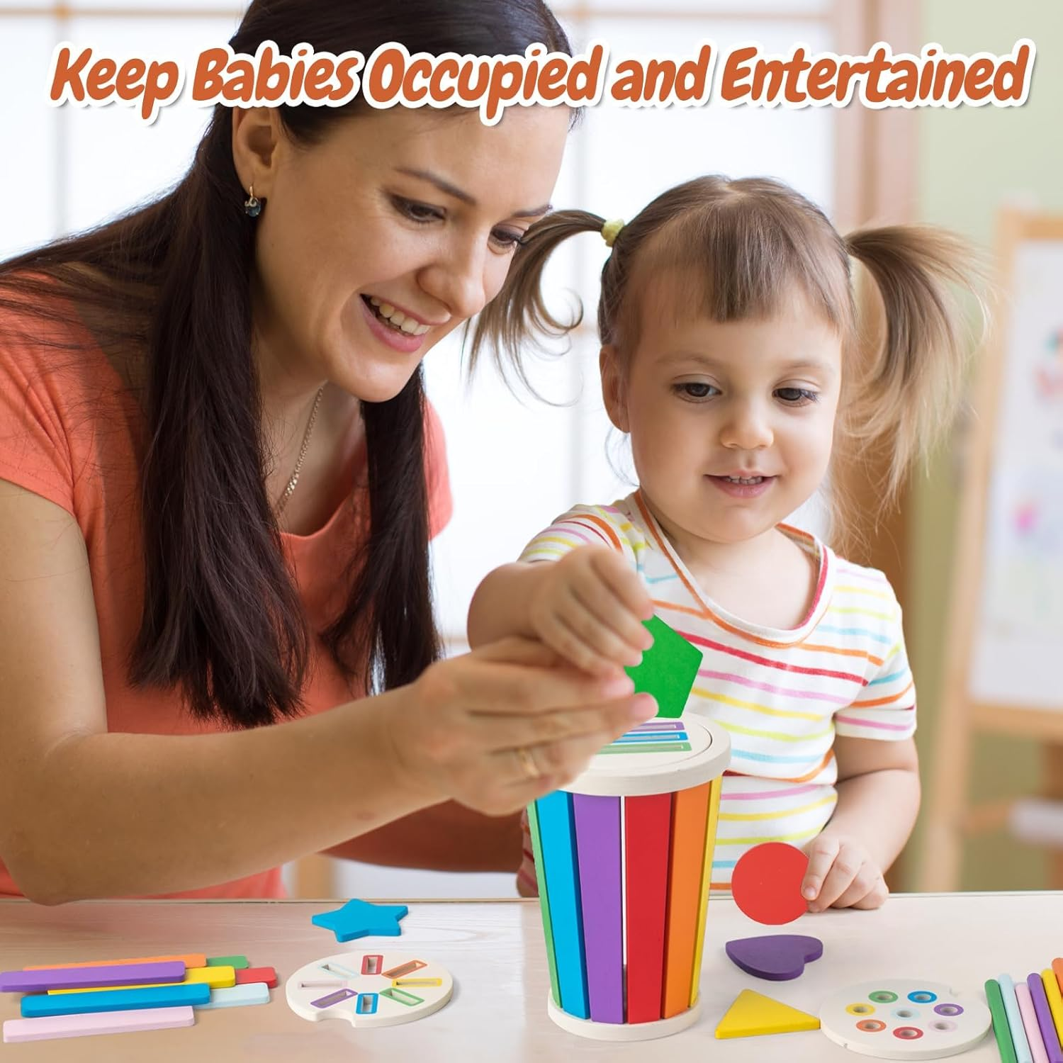 MOONKATE Wooden Montessori Sensory Color Shape Sorting Stacking Toys, Fine Motor Skills Learning Toys for Kids Toddlers