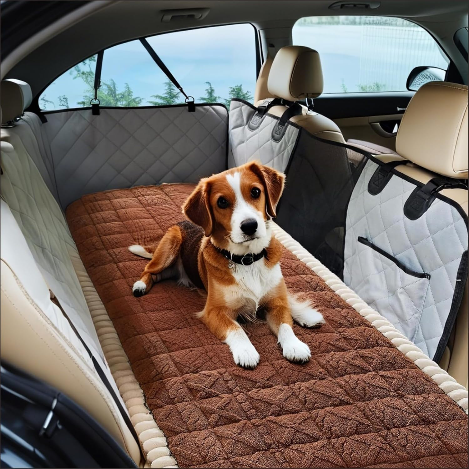 Backseat Pet Bed Mat, Plaid Dog Bed for Car Back Seat, Furry Cat Covers for Loveseats, Non-Slip Travel Dog Bed, Custom Fit for Backseat Extenders and Seat Covers (63X135 Cm)