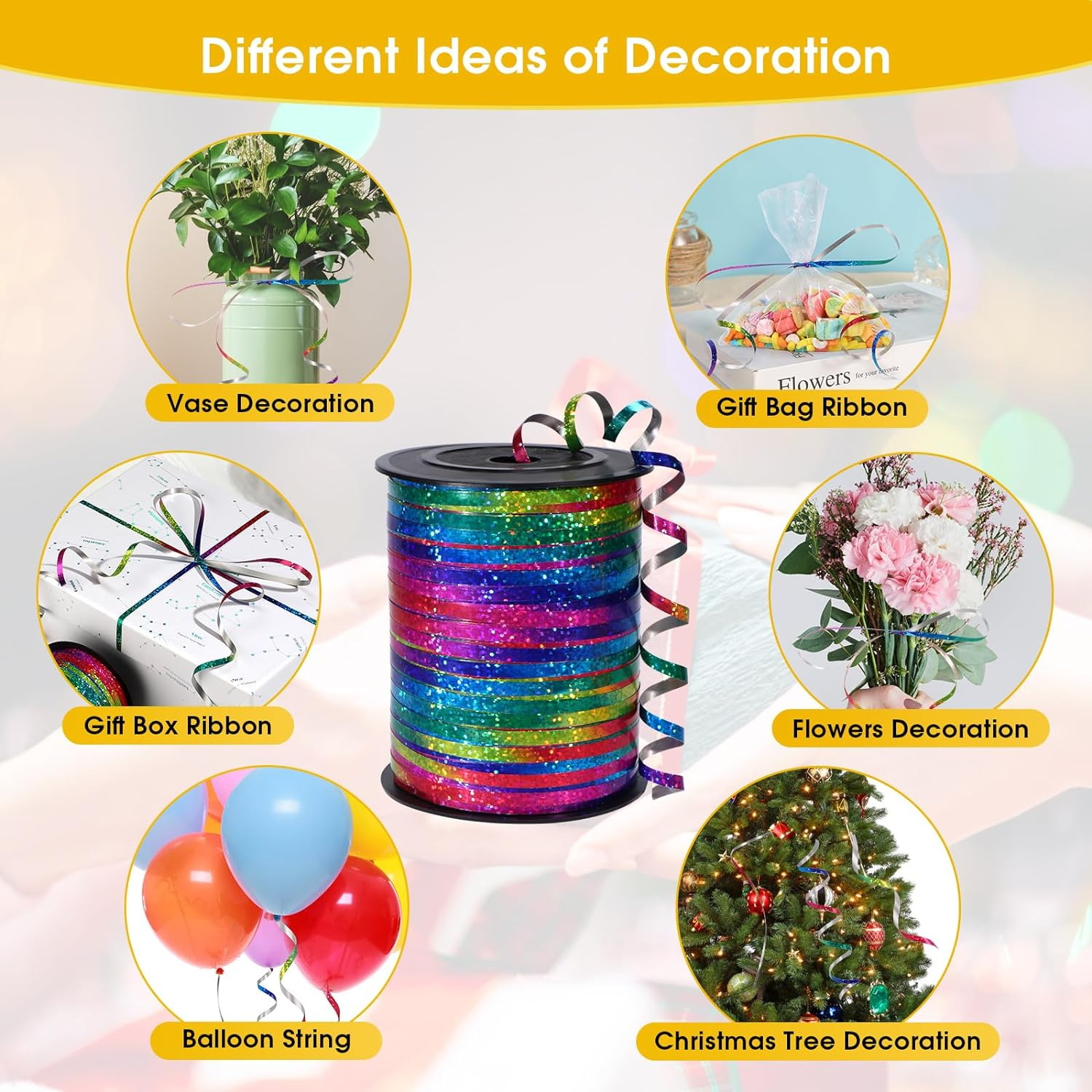 500 Yard Rainbow Ribbon Curling, Balloon Ribbon-Balloon String, Shiny Metallic Curly Roll for Gift Wrapping Ribbon for Wedding, Birthday Decoration, Baby Shower, Christmas - Glitter Rainbow Ribbon image number 5