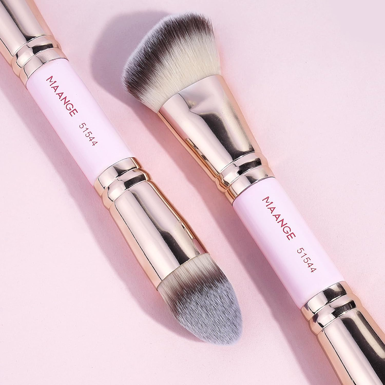 MAANGE Foundation Makeup Brushes, 2Pcs Premium Double-Ended Makeup Brush (Flat/Angled/Angled Round/Tapered Top) for Buffing Liquid, Cream, Powder, Blending Contour Face Brush(Pink/Gold)