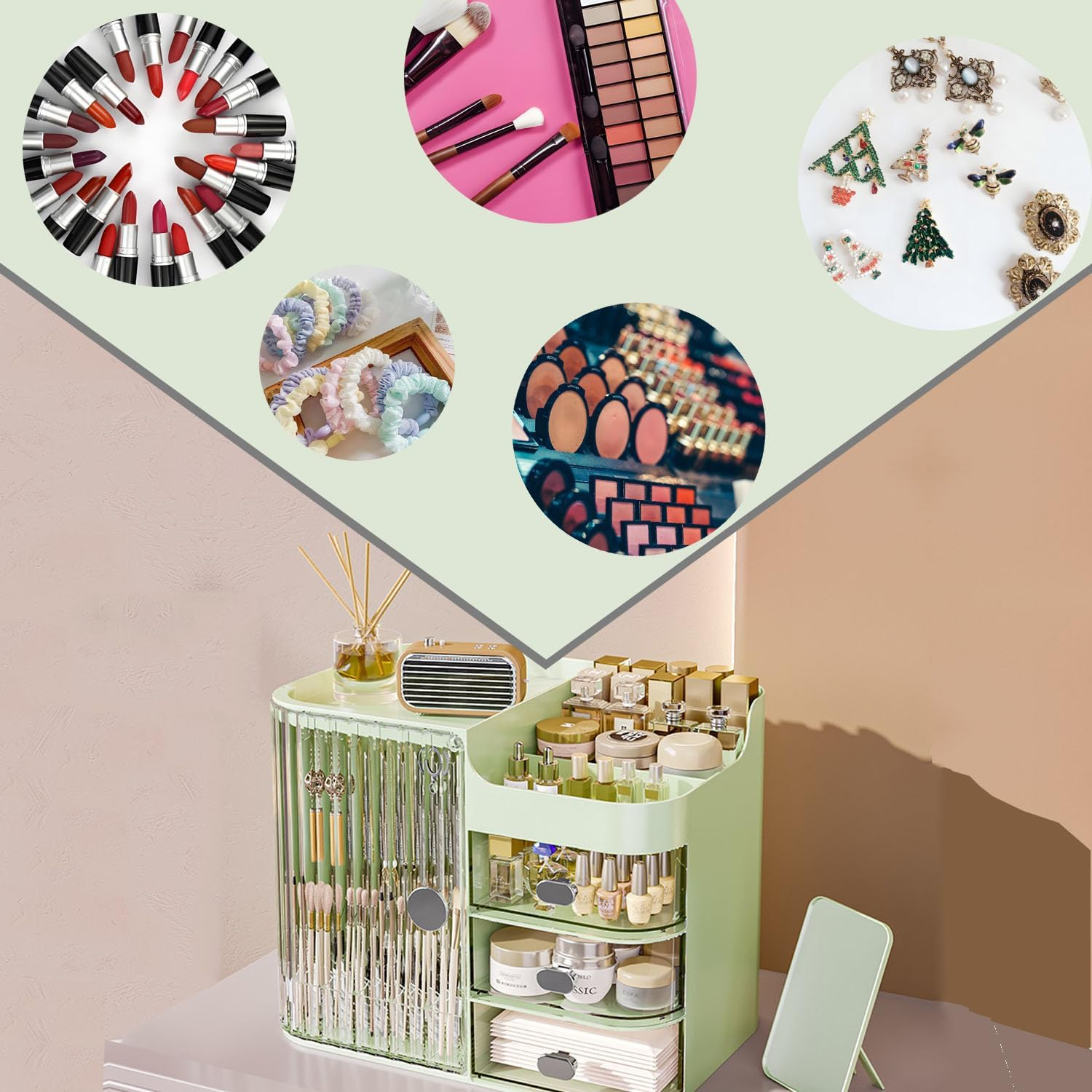 Shengsenfu Makeup Organizers for Vanity, Large Capacity Desk Organizers for Cosmetics with Drawers and Mirror, Cosmetics Display Case with Transparent Cover, Countertop Organizer for Vanity (White) image number 5