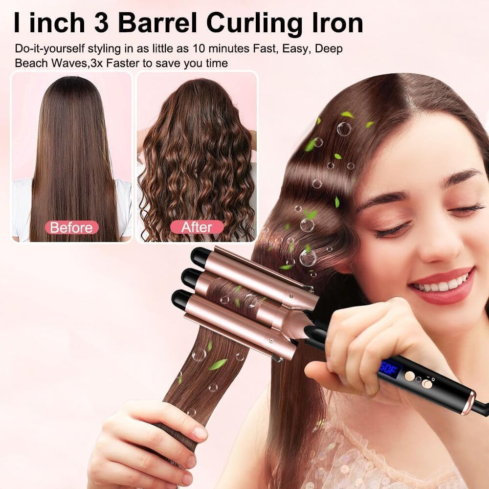 Waver Curling Iron Wand, 5 in 1 Curling Wand Set with LCD Digital Display & Temp Control, 3 Barrel and 4 Interchangeable Ceramic Hair Wand Hair Curler for All Hair Types, Glove & 2 Clips (Brown) - Brown image number 3