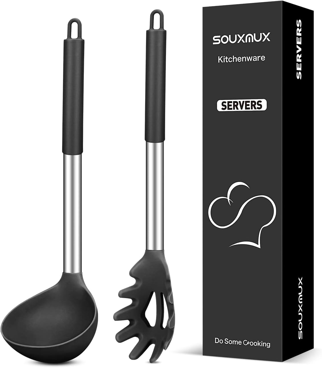 Silicone Pasta Fork and Soup Ladle Set, Non-Stick BPA Free Heat-Resistant Handy Kitchen Utensils for Cooking, Serving, Draining, Stirring (Black)