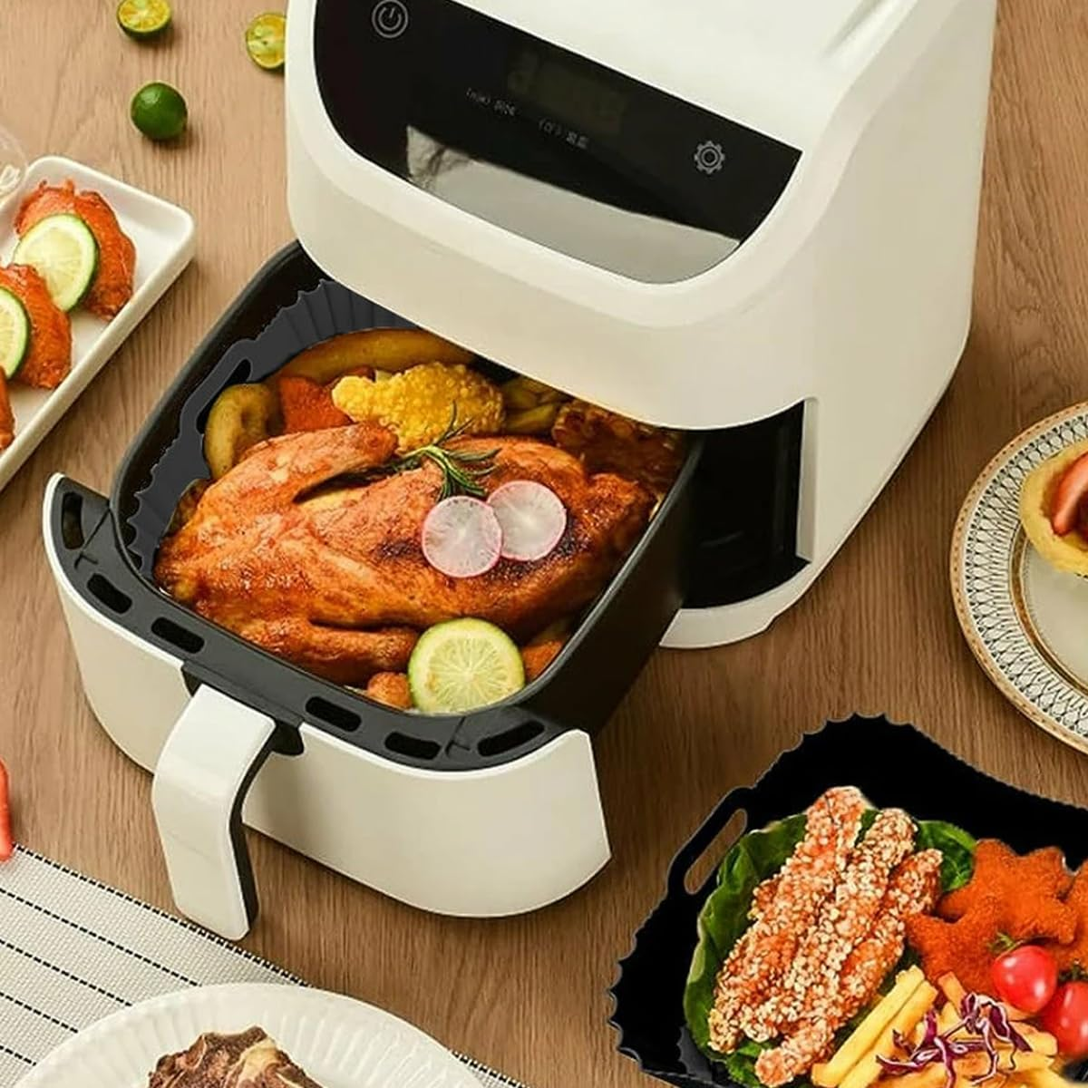 AIMALL Silicone Air Fryer Pot - Non-Stick Reusable Basket Liner, Baking Tray with Strong Handles, Grey & Black - Grey image number 3