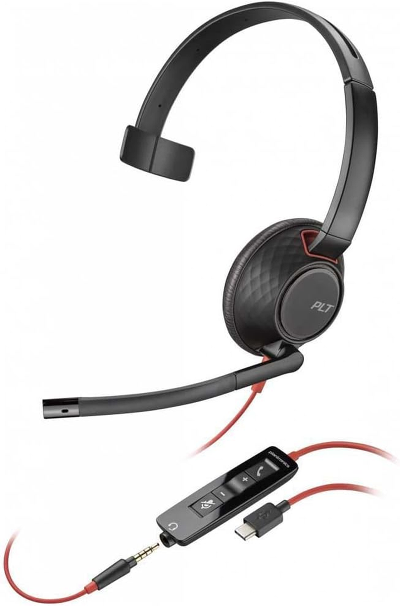 Poly Blackwire 5210 USB-C/A Wired On-Ear Mono Headset - Teams & UC Certified Noise-Canceling Mic/In-Line Control/Usb-A&C + 3.5Mm [8X230AA]