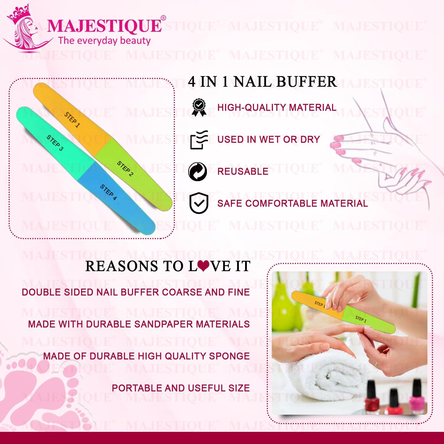 Majestique 4 in 1 Nail File and Buffer for All Purpose - Nail Buffer Block. Nail Shiner. save Time and Money, 4 Fingernail Files in 1, Professional Care Manicure Tools. Nail Care 1 Pack image number 3