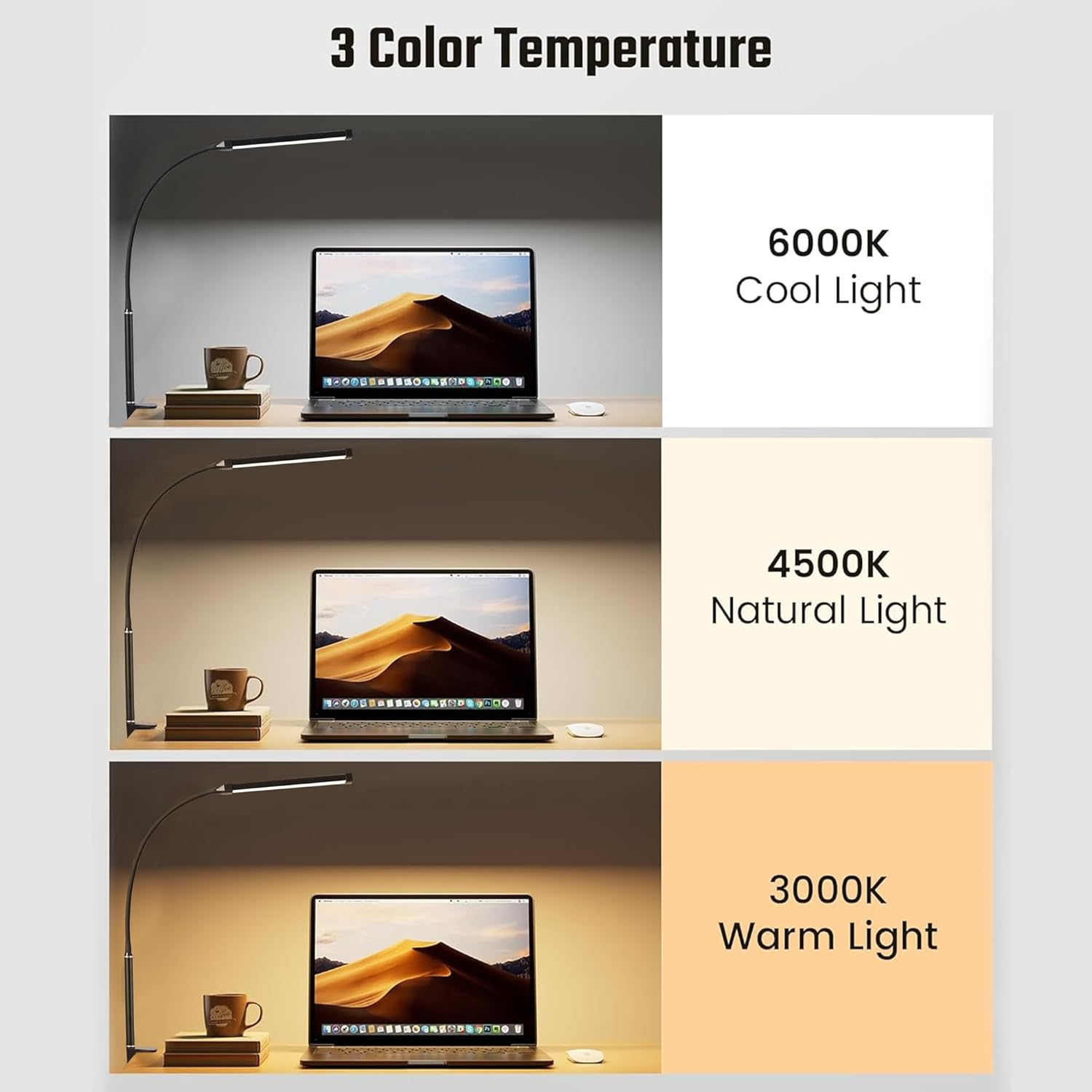 YOUYICI LED Desk Lamp with Clamp, Eye-Caring Clip Lights for Home Office, 3 Colors Stepless Dimming, Flexible Gooseneck Table Lamp with USB Adapter for Reading Working Workbench Drawing Gaming (Black) - Black image number 5