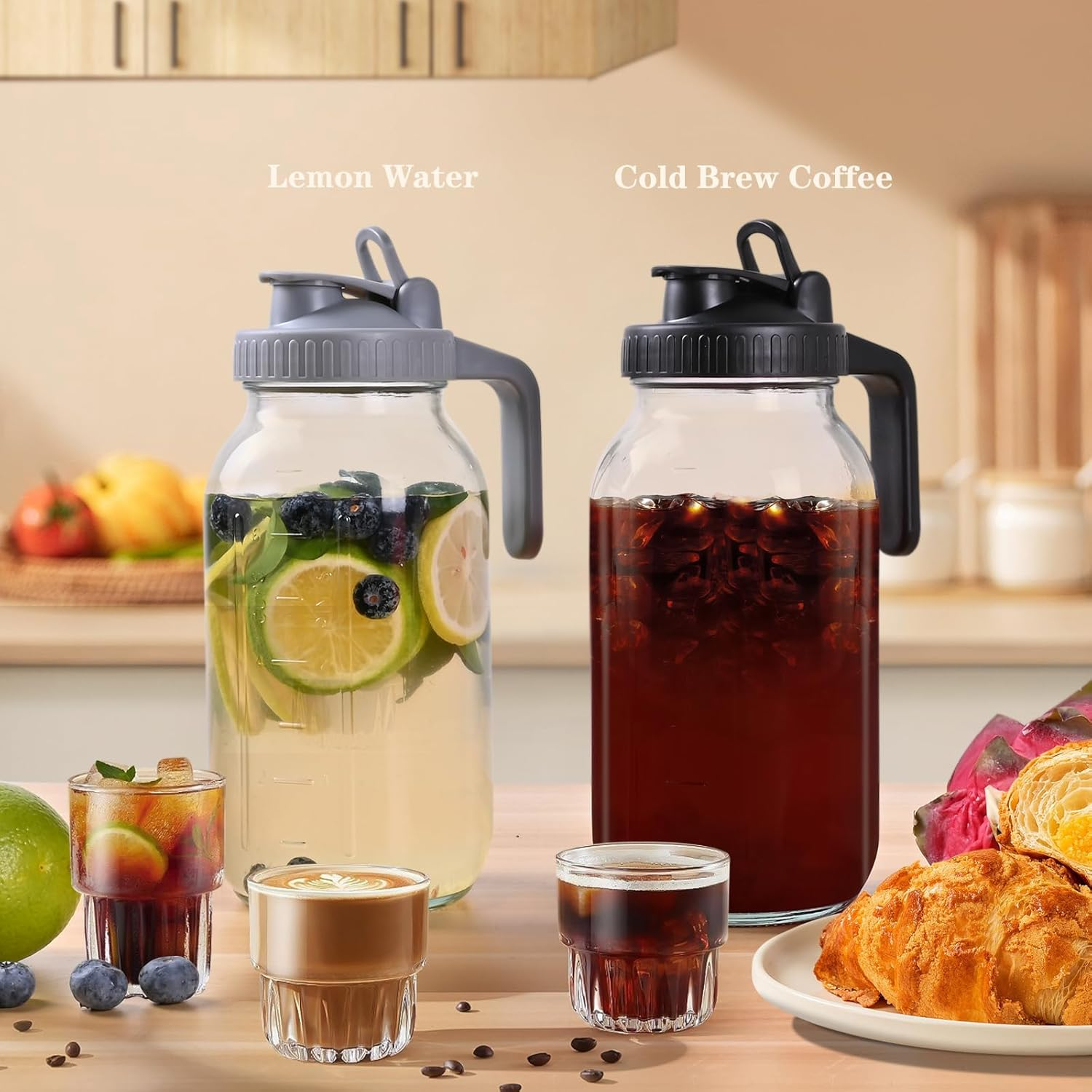 2 Pack Glass Water Jugs with Lid and Spout, 64Oz 1900ML Wide Mouth Mason Jar Pitcher, Leak-Proof Homemade Juice Bottle for Iced Tea Coffee Milk and Drinks image number 6