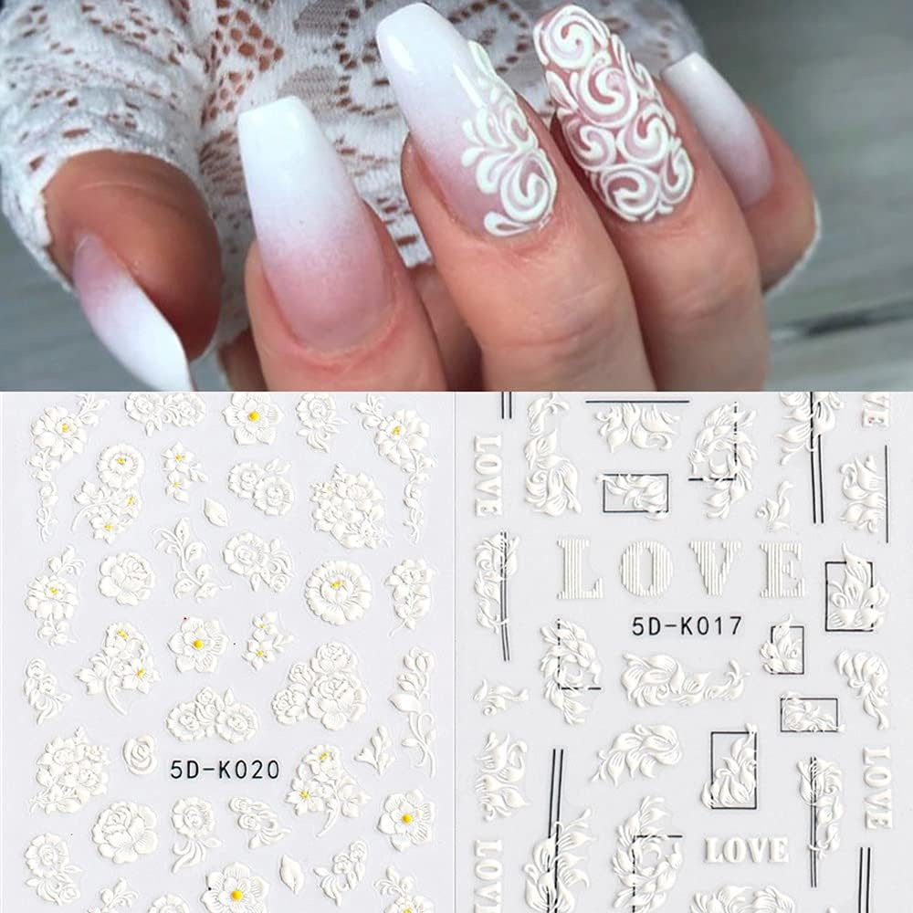 5D Stereoscopic Embossed Nail Art Stickers White Flower Nail Decals Relief Self-Adhesive Butterfly Nail Stickers Nail Art Supplies Nail Designs for Women DIY Acrylic Nail Decorations (3 Sheets) image number 1