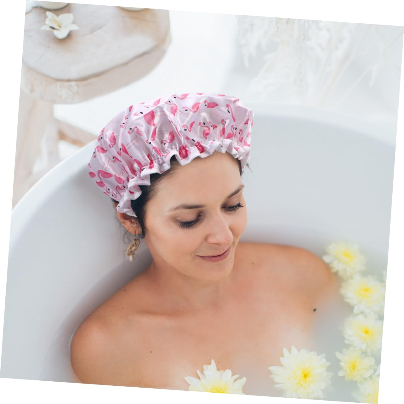 HONITANO Waterproof Shower Caps for Women 2Pcs Double Layer Peva Satin Bathing Hair Protective Hats Red Flamingo Print Adult Bath Caps for Daily Bathroom Use image number 2