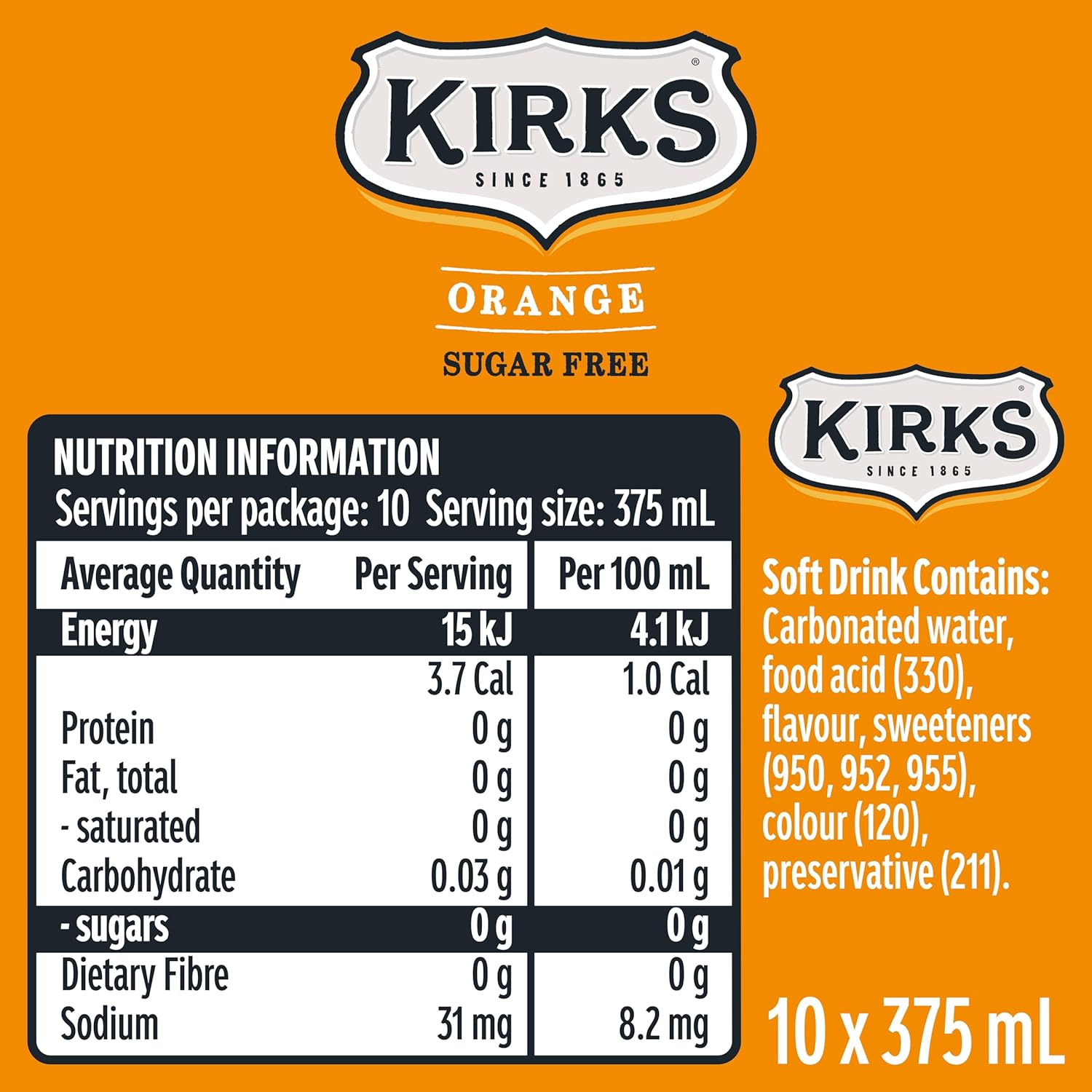 Kirks Orange Zero Sugar Soft Drink Multipack Cans 20 X 375Ml image number 2