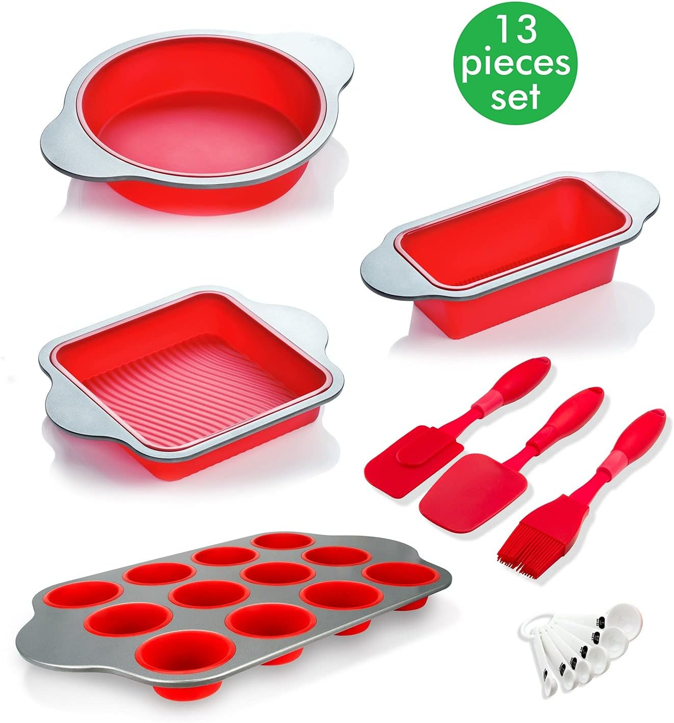 Silicone Baking Molds, Pans and Utensils (Set of 13) by Boxiki Kitchen | Silicone Cake Pan, Brownie Pan, Loaf Pan, Muffin Mold, 2 Spatulas, Brush and 6 Measuring Spoons image number 6