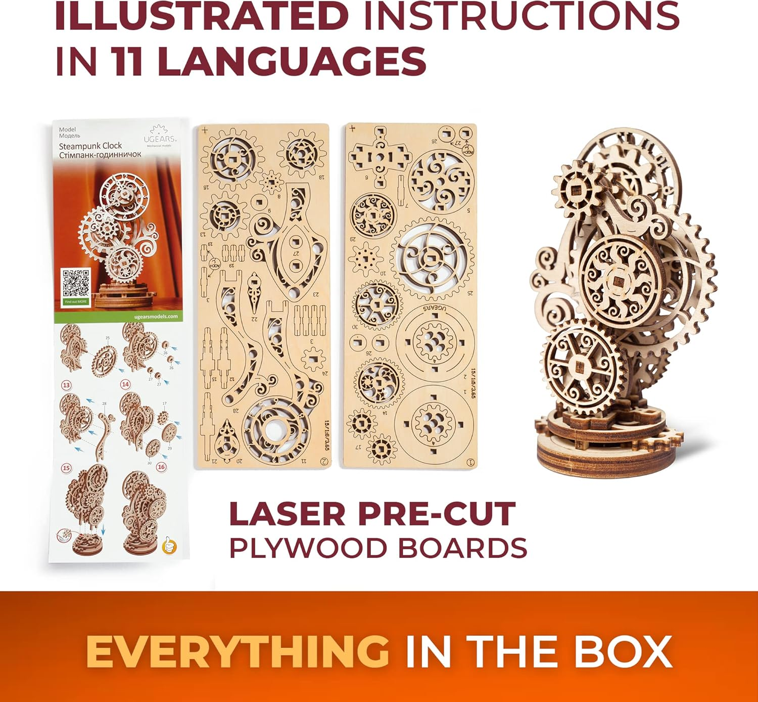 Steampunk Clock Ugears 3D Mechanical Model, Self-Assembling DIY Craft Set, Wooden Box School Project image number 4