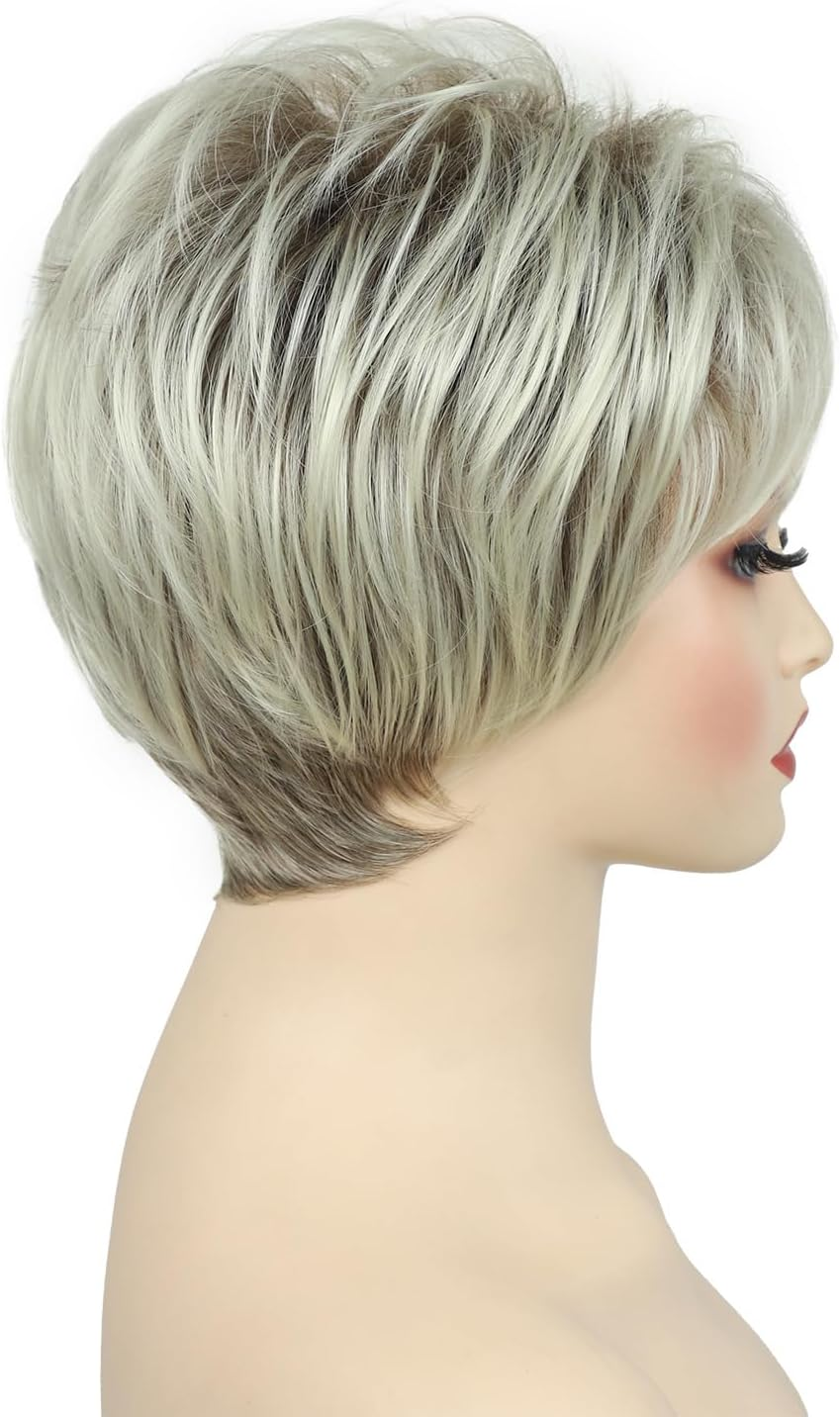 AUBWIG Brown Mixed Light Blonde Pixie Cut Short Wigs for Women Short Stylish Fluffy Tiered Wig with Fringe Short Bob Synthetic Wigs (Brown Mixed Light Blonde) image number 3