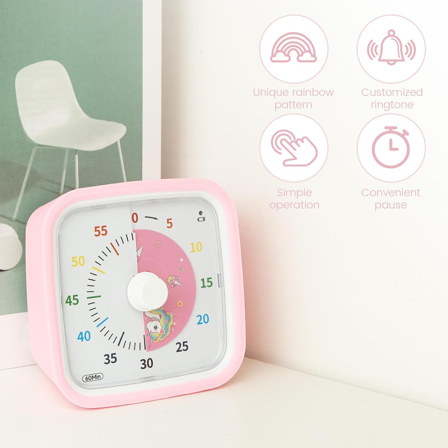 Visual Timer for Kids and Adults, 60 Minute Visual Countdown Timer, Non Ticking Classroom Timer, Silent Time Management Tool, Timer for Gym Classroom Studying Working (Pink)