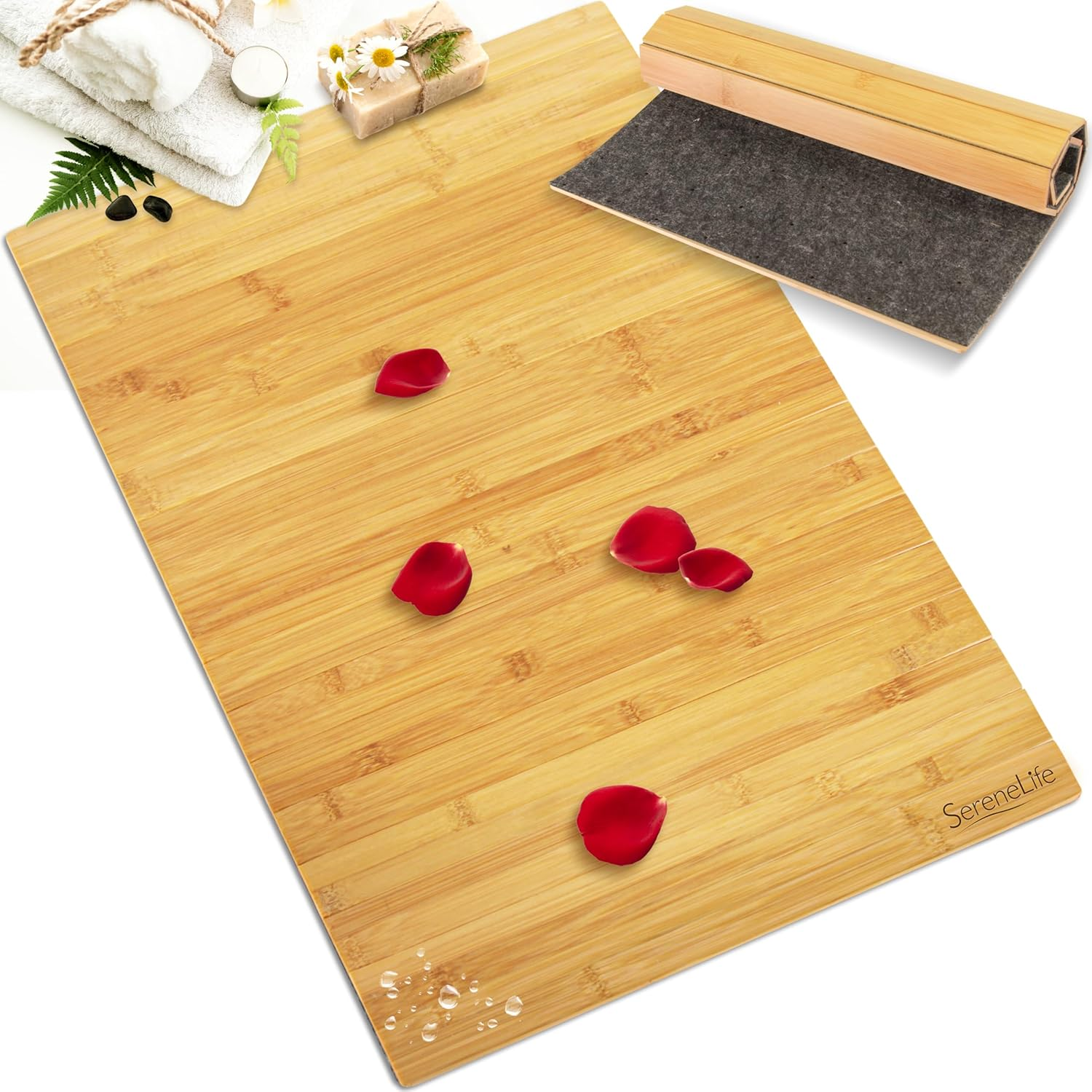 Serenelife Foldable Bamboo Bath and Shower Mat, Non-Slip Floor Mat for Bathroom, Sauna, Spa - Dual Non-Slip Surfaces, Withstands up to 300Lbs Weight, Easy Storage - Natural image number 2