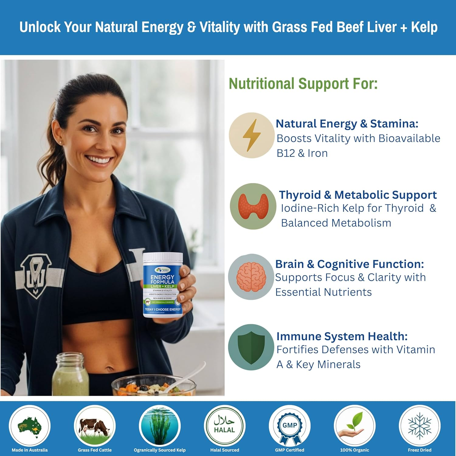 Grass Fed Beef Liver with Wild Harvested Kelp 100% Organically/Halal Sourced 2-IN-1 Energy Formula &mdash; Natural B12, Iodine, Iron & Vitamin a (180 Capsules) image number 6