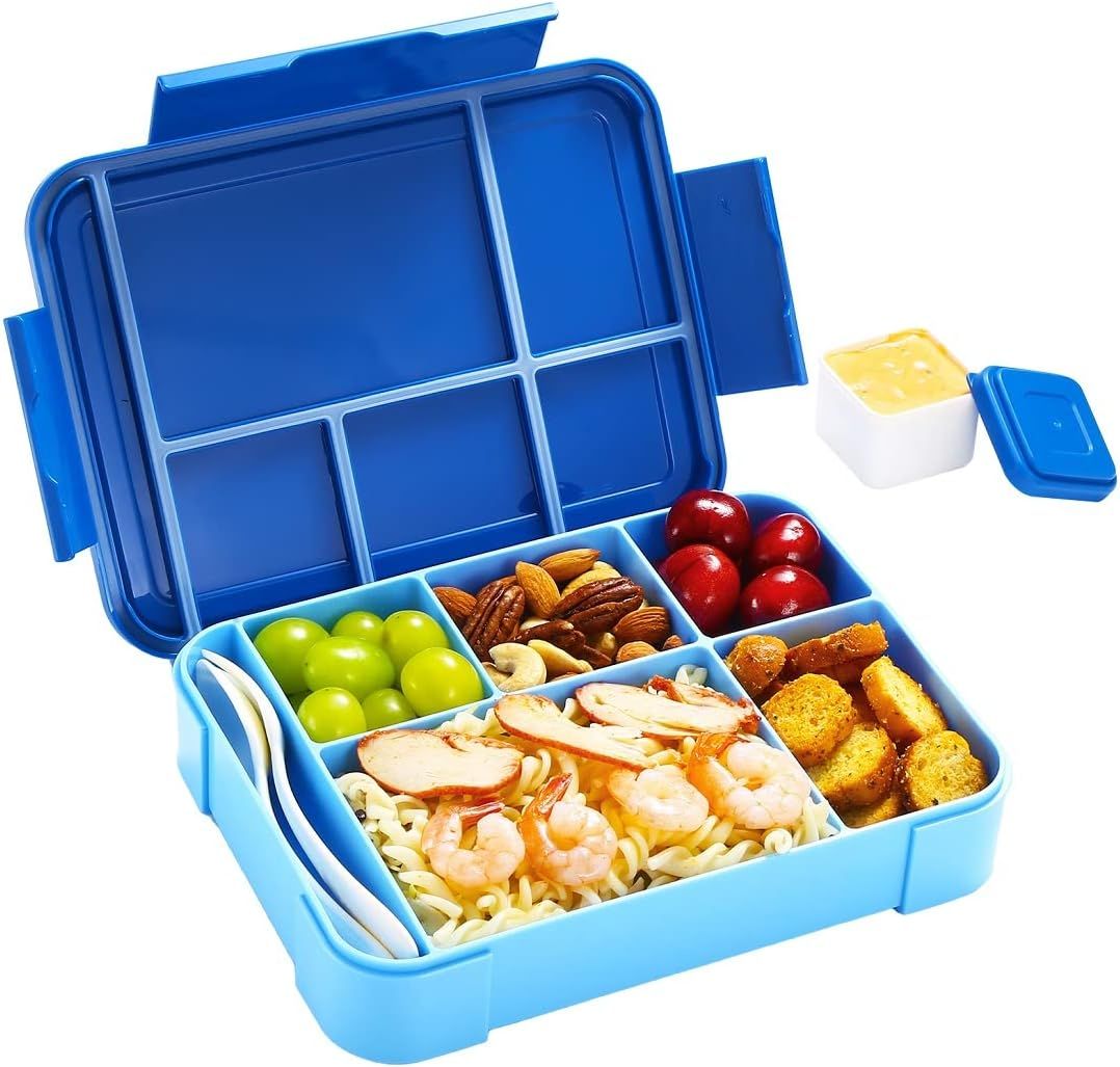 Inngly Children'S Lunch Box with 5 Compartments - 1.3L BPA Free Bento Box, Leak-Proof, Durable, Microwave & Dishwasher Safe, Includes Fork & Spoon, 9X6.7X1.9 Inches