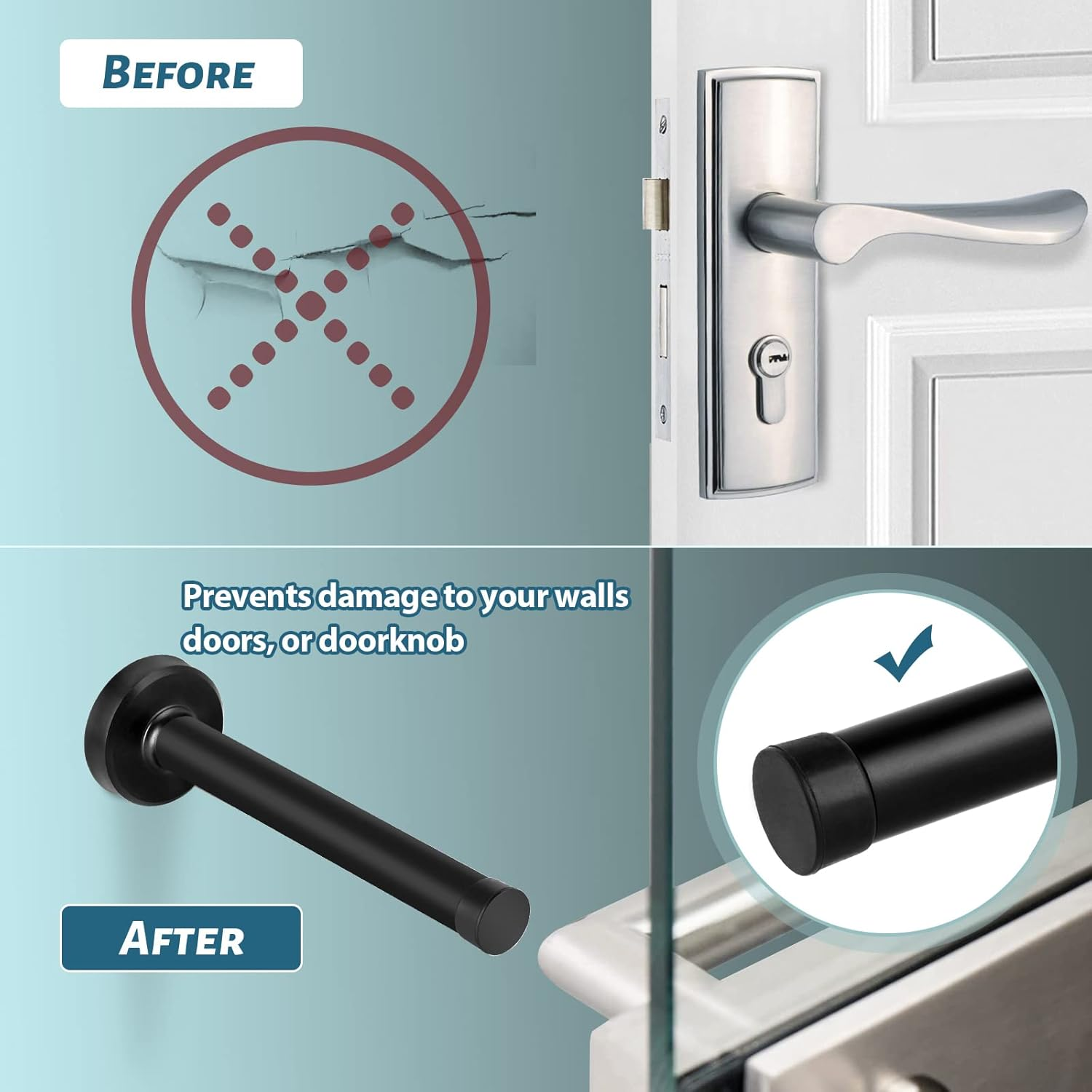 Door Stops, 150Mm/6Inch Long Door Stopper Black Door Stops Wall Mounted Tall Modern Door Stop Heavy Duty Stainless Steel Doorstop with Sound Dampening Rubber Tip Door Stoppers for Skirtings, 1Pack image number 2