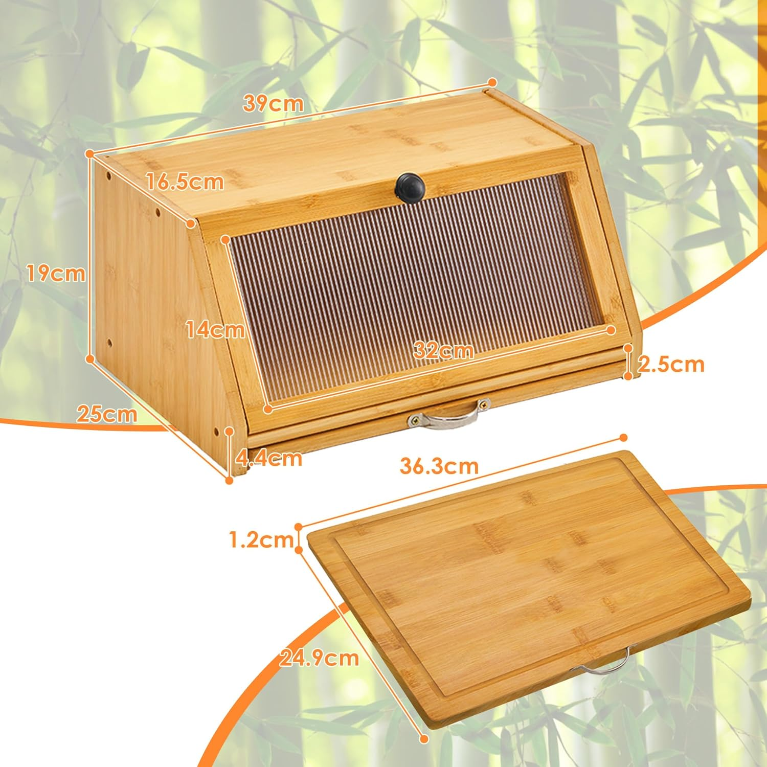 YOUDENOVA Bread Bin with Chopping Board, Bamboo Storage Box, Wooden Bread Basket Boxes Storage Bread Box for Bread, Salt and Pepper Mill, 39 X 25 X 20 Cm (L X W X H), Natural