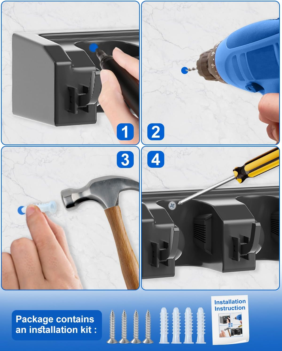 Acemining Broom Holder Wall Mounted, 2 Pack 5 Holders and 6 Hooks Mop Holder, ABS Plastic Brush Holder, Thick and Durable Mop Wall Holder Black image number 3