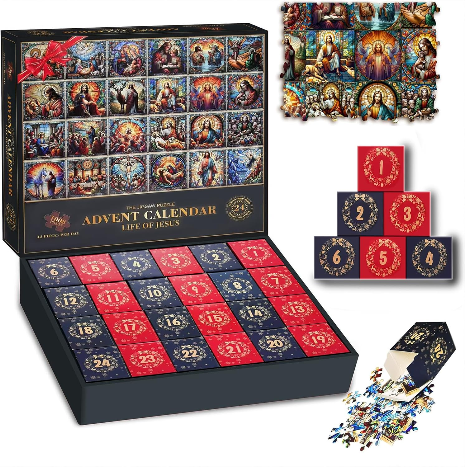 2025 Christmas Puzzle Advent Calendar for Kids Adults 1008 Pieces, Christmas Stained Glass Life of Jesus Jigsaw Puzzles, 24 Days Christmas Countdown Calendar Puzzle as Christmas Decoration image number 4