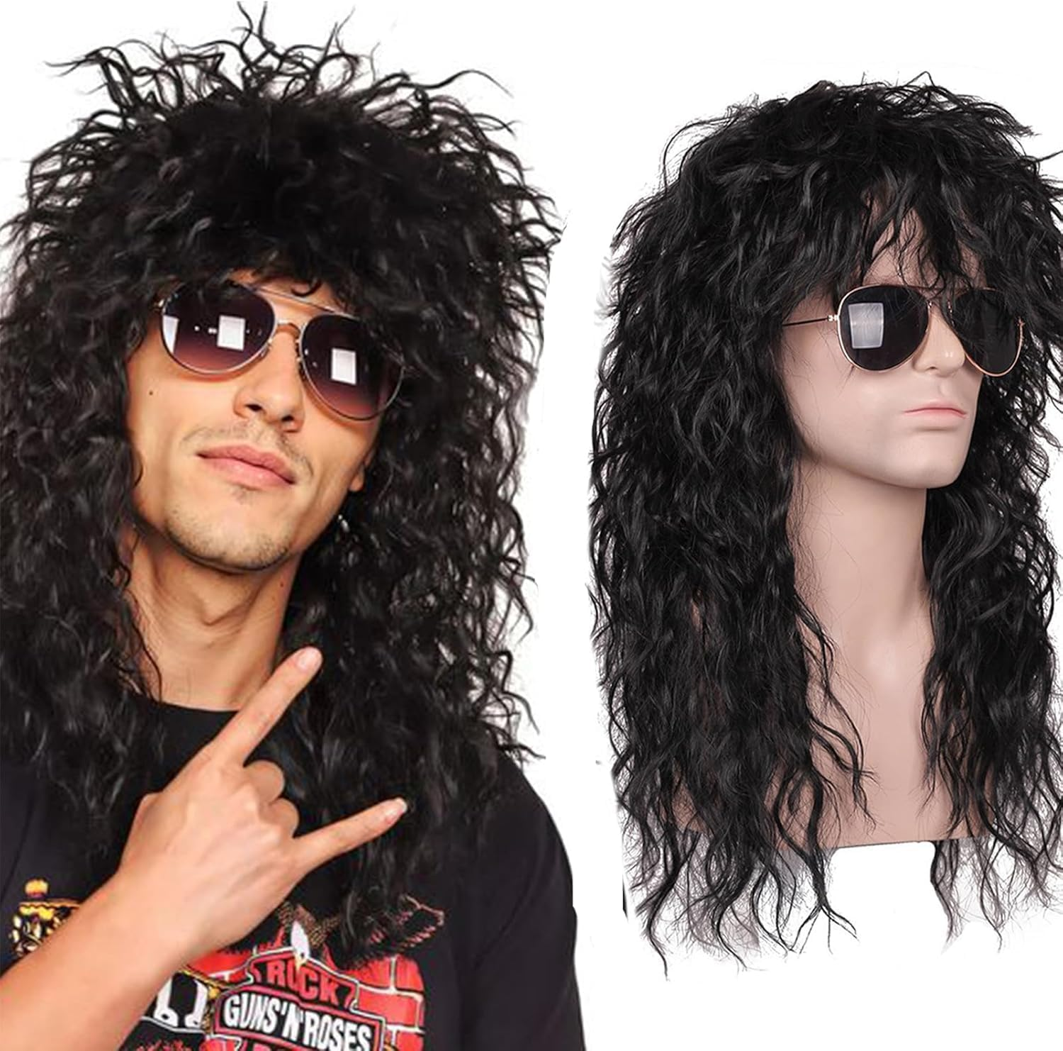 70S 80S Hair Metal Rocker Hippie Costume Accessories - Long Curly Black Synthetic Costume Wig for Halloween, Cosplay, Anime, Themed Parties (Unisex Adjustable Design) image number 2