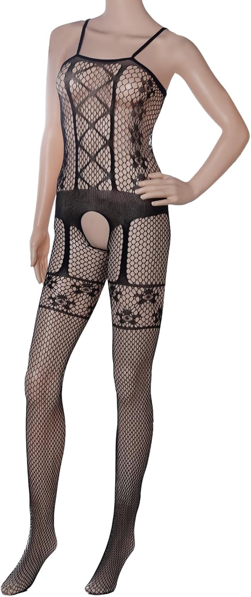 Fengek 3 Packs Women Fishnet Bodysuits, Stockings Lace Sleepwear Lingerie for Couple Dating Nightwear, Black, Black image number 6