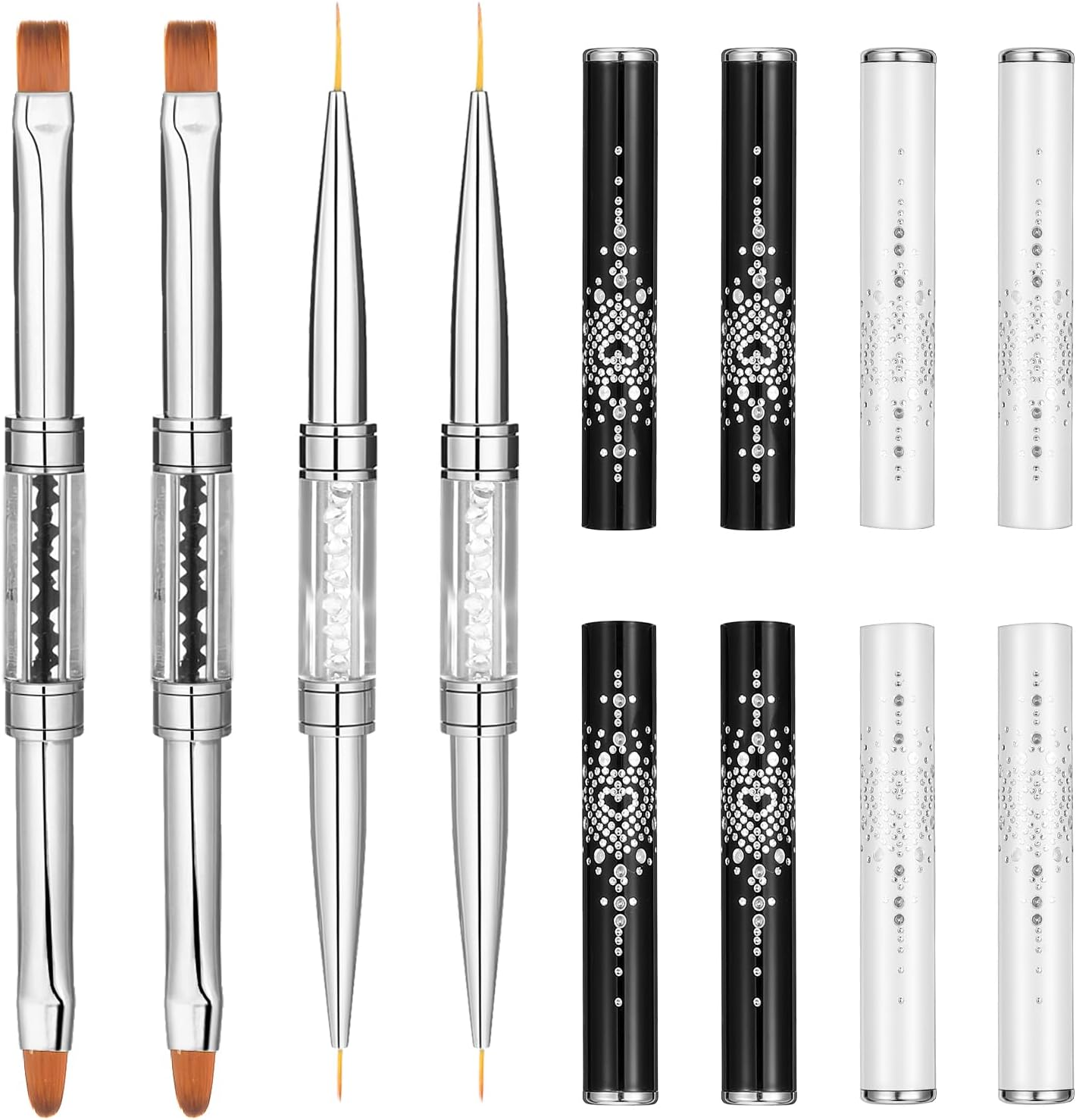 2Pcs Dual-Ended Nail Design Brush Builder Gel Brush Rhinestone Handle UV Gel Nail Brush Thin Nail Brush Set Nail Liner Brush Striping Nail Art Brushes for Nail Art Design