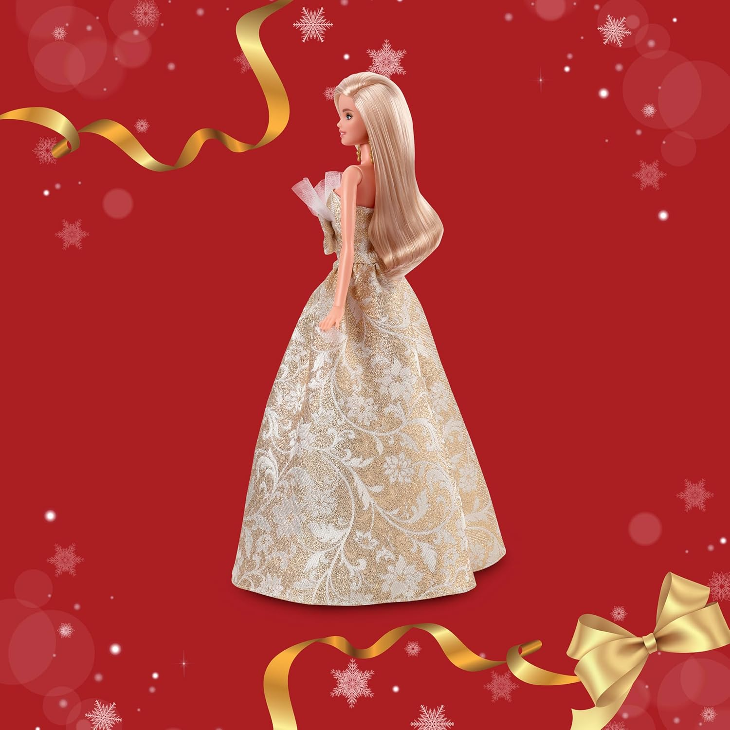 Barbie Signature Doll, 2025 Holiday Barbie Blonde Fashion Doll Wearing Silver & Gold Gown, Seasonal Collector Doll in Displayable Packaging & Doll Stand image number 3