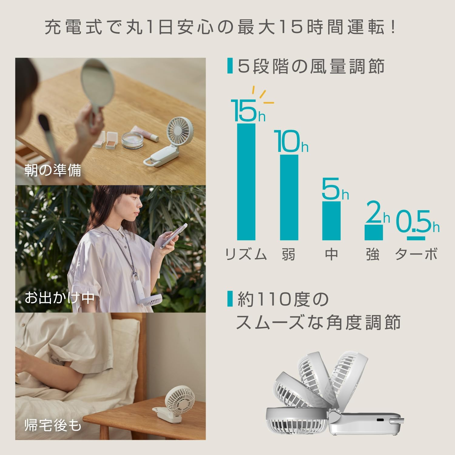 RHYTHM 9ZF040RH05 Handy Fan, 2025 Large Airflow, Silent, 3-Way (Handheld, Neck or Tabletop), 5 Levels of Air Flow, Type-C Compatible, Carabiner & Strap, Small, Portable Fan, Silky Wind Mobile 3.2, - Blue (Light) image number 2