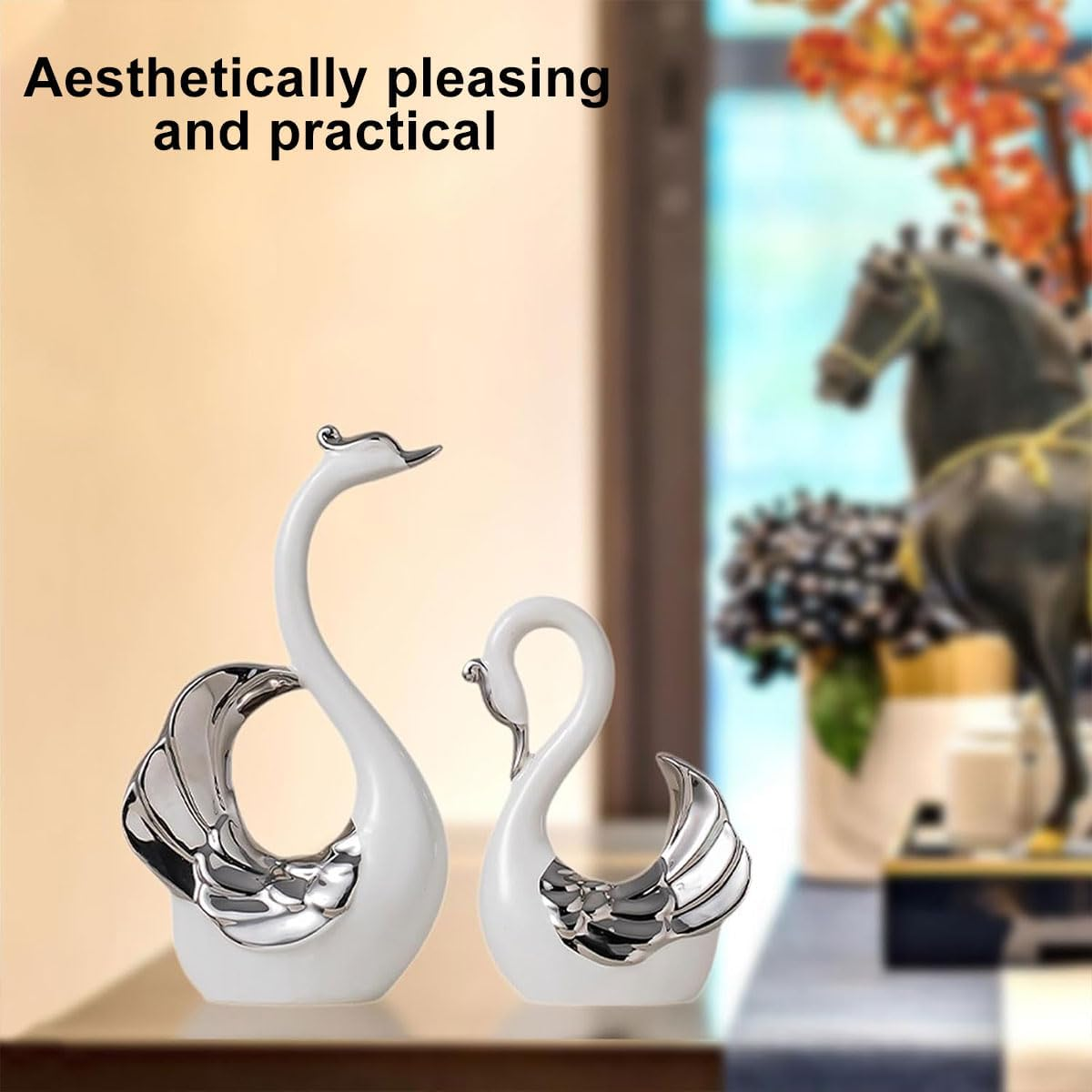 AIMALL 2PCS Ceramic Swan Ornament Set Black and White Modern Figurines for Living Room, Bedroom, TV Cabinet, Coffee Table or Wedding Centrepiece Home D&eacute;cor Display - Black image number 7