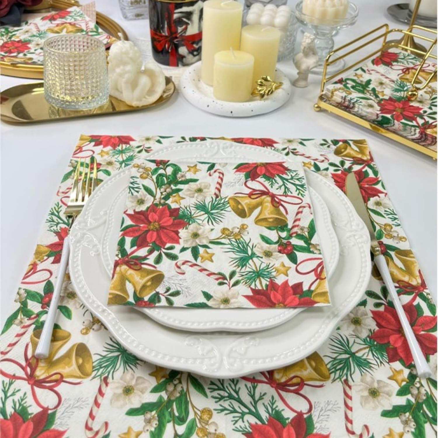 Christmas Paper Napkins Decorative Disposable 33X33Cm/2-Ply Christmas New Year Party Luncheon Dinner Napkins Paper for Decoupage Xmas Cocktail Napkins (Xmas Bell)