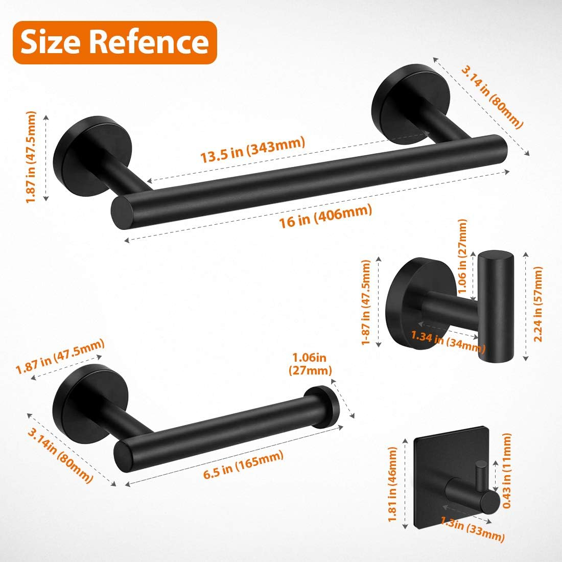 Tudoccy 5-Pieces Matte Black Bathroom Hardware Set SUS304 Stainless Steel round Wall Mounted - Includes 16" Hand Towel Bar, Toilet Paper Holder, 3 Robe Towel Hooks,Bathroom Accessories Kit image number 4
