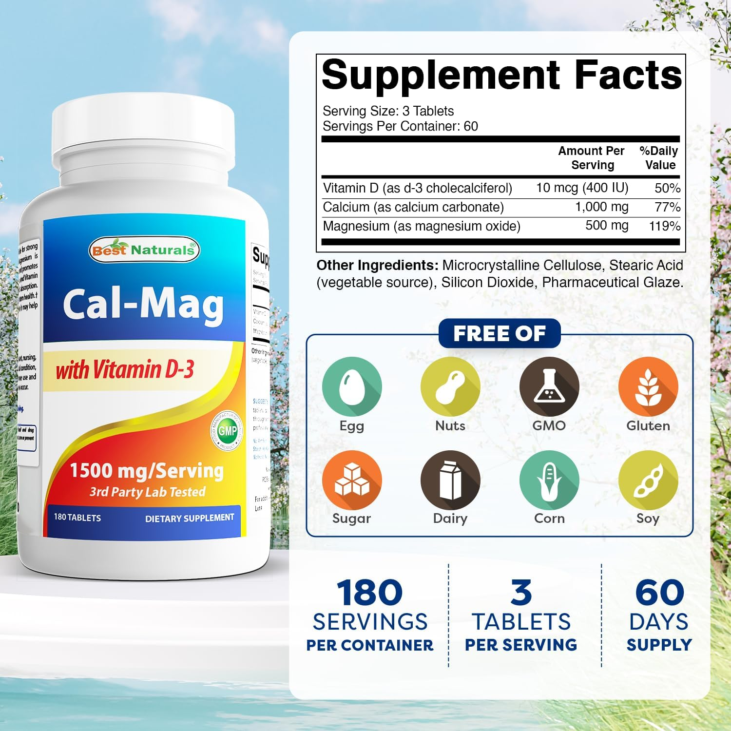 Best Naturals Calcium Magnesium with Vitamin D3 1500Mg Serving 180 Tablets