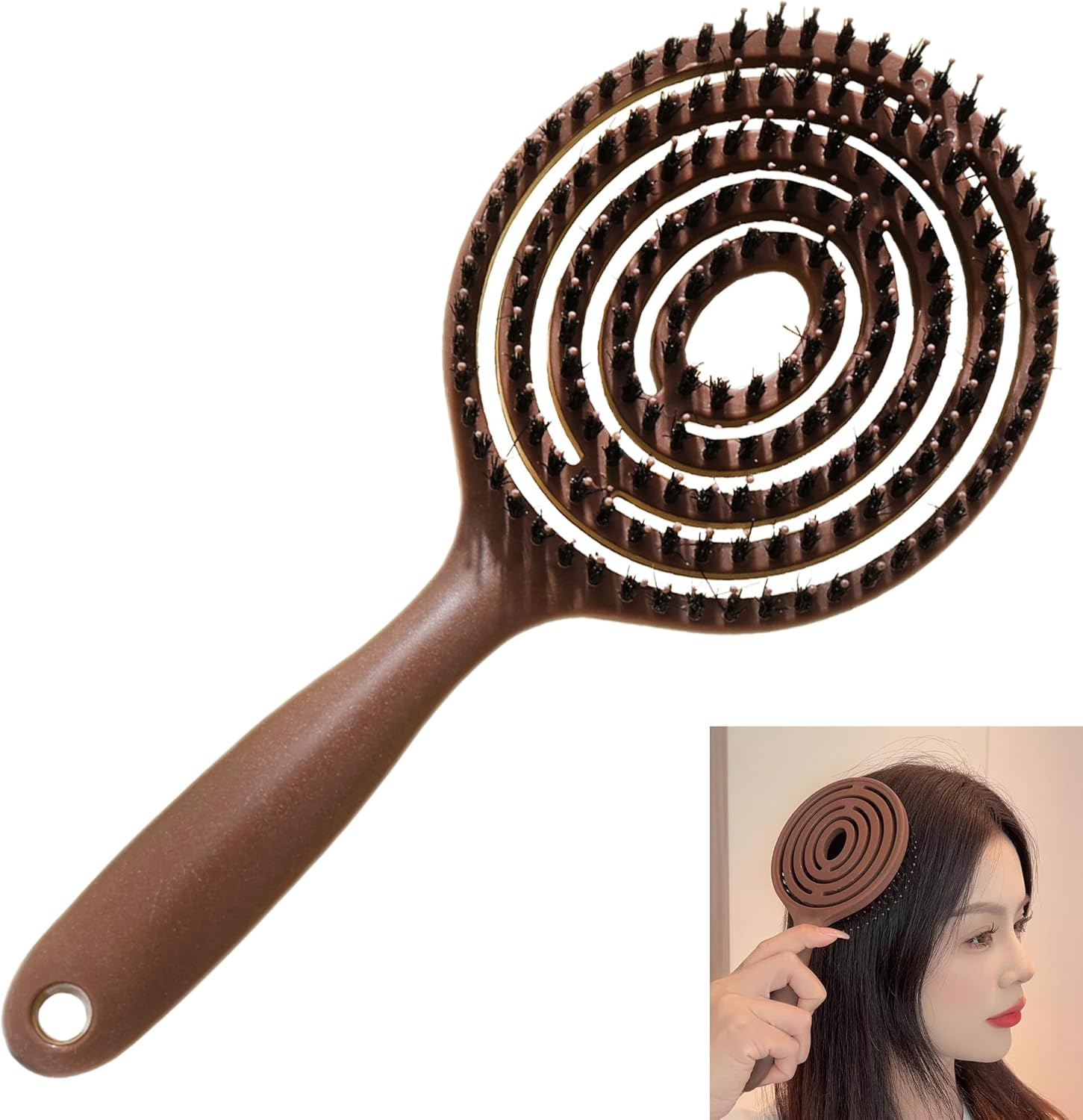 Smaoqingji Organic Hair Brush Wild Boar Bristles round &ndash; 1 Piece, Brown, Detangler Brush with Double Spiral Spring, Suitable for All Hair Types, No Matter Square, round Flat Head, Fits Perfectly