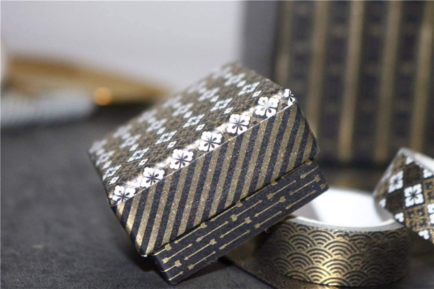 Washi Tape Set Black Gold Foil Print Decorative Masking Tape for Arts and DIY Crafts, Scrapbooking, Bullet Journal, Planner, Gift Wrapping, Holiday Decoration (9 Rolls/Unit) - Black image number 5