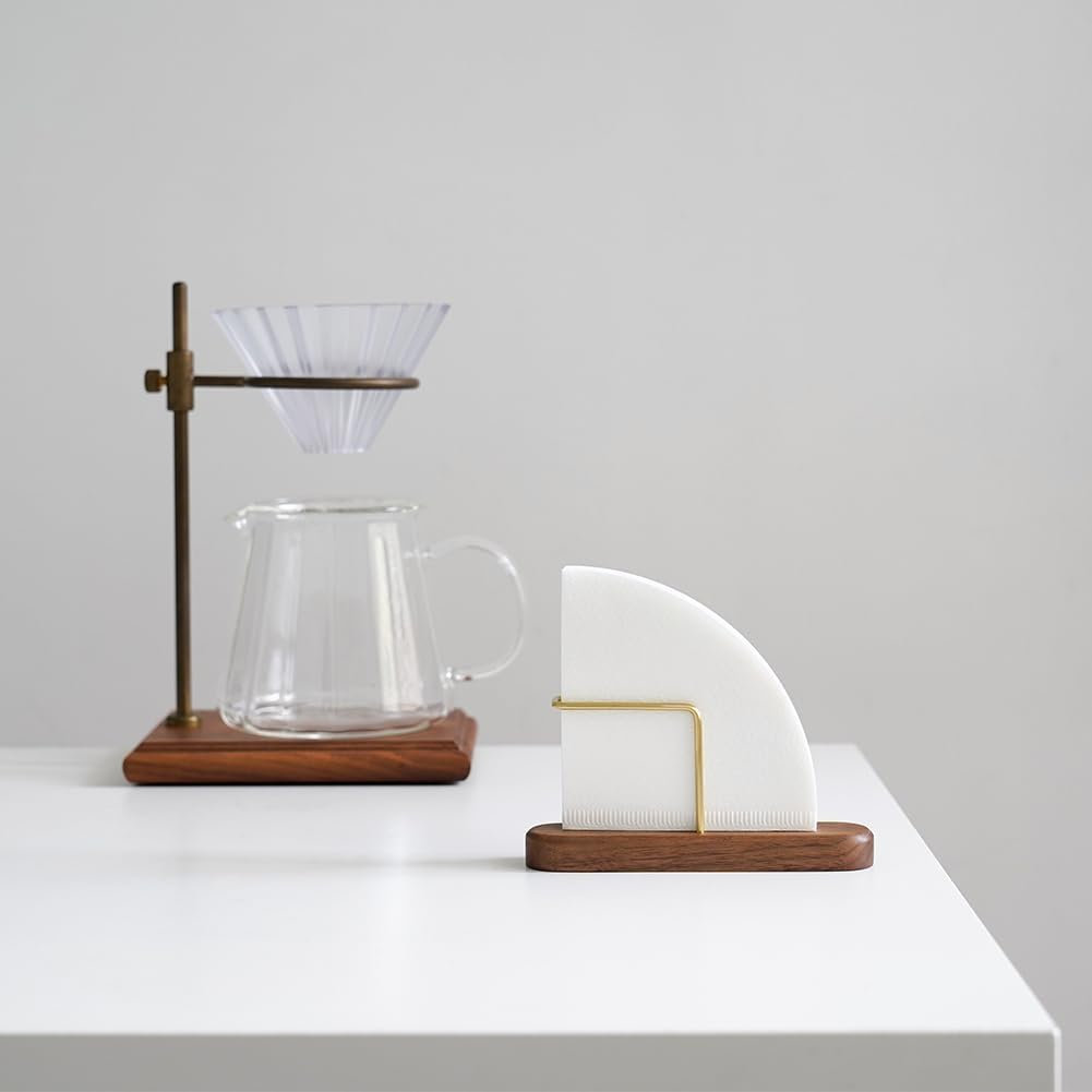 Watchget Cone Coffee Filter Holder Walnut & Brass Coffee Filter Storage Container Coffee Filter Stand for V60#01 and #02 Size Cone Paper Coffee Filters image number 4