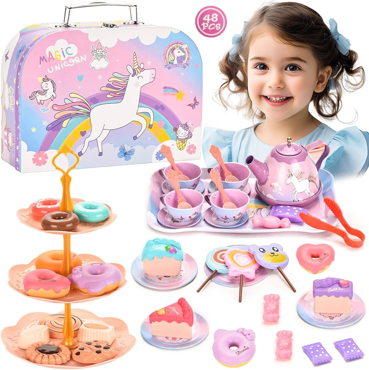 Kids Tea Party Set, 48PCS Pretend Play Toys Including Tea Set Dessert Ice Ice Unicorn Toys Carrying Case, Kids Kitchen Pretend Playset, Tea Set for Girls Boys Toys Birthday Toddler Gifts Age 3 4 5 6 7 image number 1