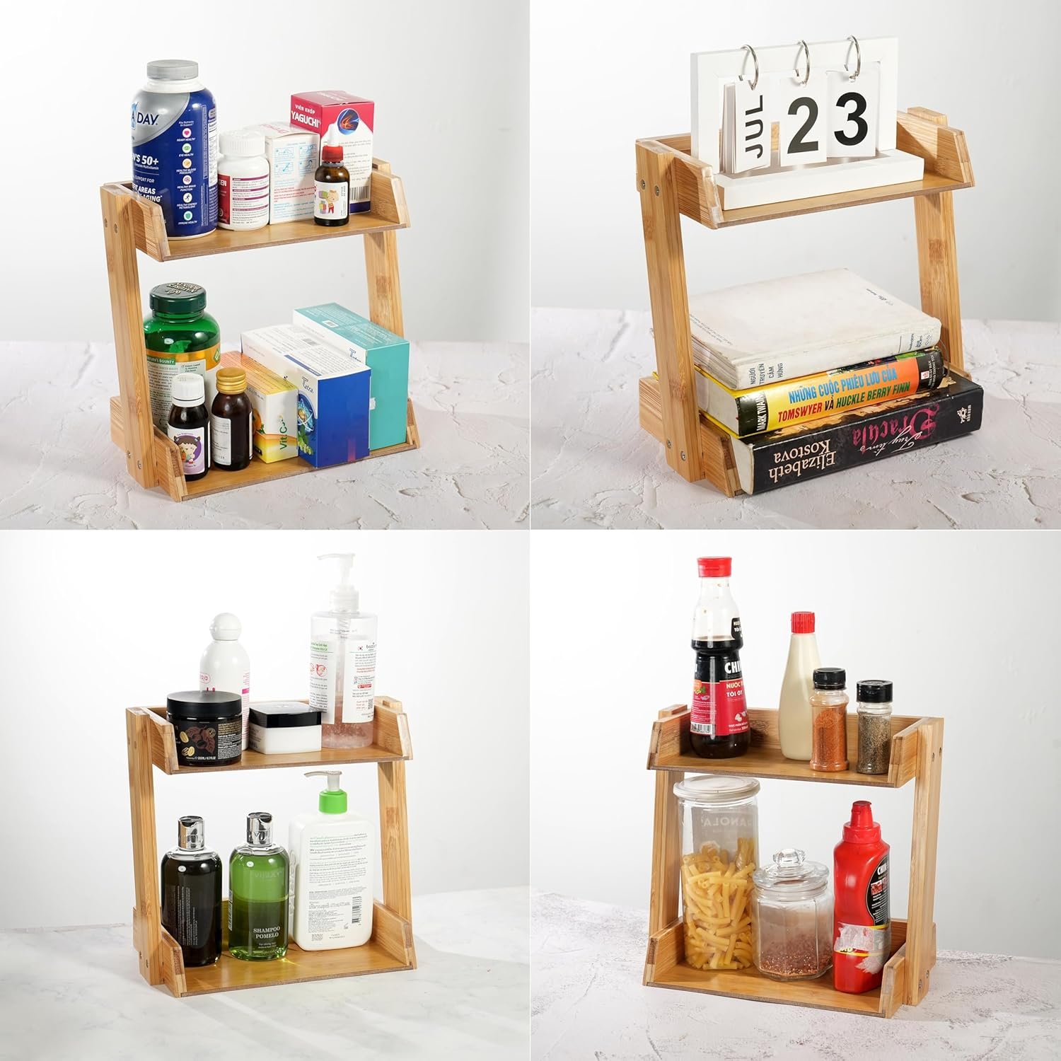 Bamboo 2-Tier Kitchen Countertop Organiser Shelf, Coffee Station Organizer, Bathroom Counter Shelf, Spice Condiment Rack, Multi-Functional Tray Storage Shelf for Office, Home image number 3