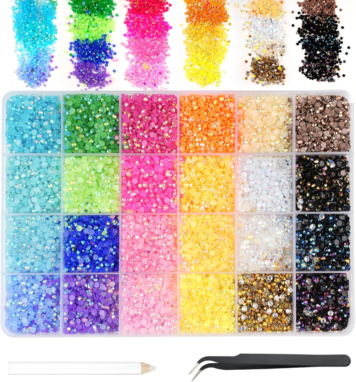 Hopton 24000 Pieces Rhinestone Nails, 24 Colours Glitter Stones for Crafts, round Glitter Gemstones Rhinestones with Tweezers and Wax Pen, Rhinestones Set for DIY Nails Crafts image number 4