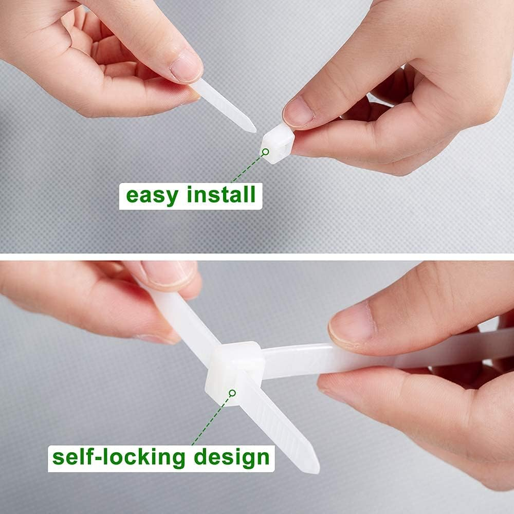 300Pcs Heavy Duty Zip Ties, White Nylon Self-Locking Cable Ties, High-Strength Assorted Sizes for Outdoor & Indoor Use (4"+6"+8")