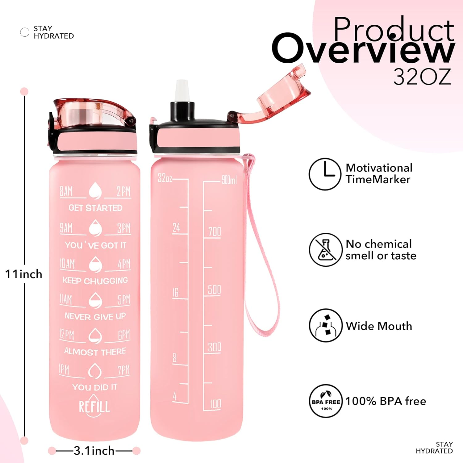 32 Oz Water Bottles with Straw & Strap, Motivational Water Bottles with Times to Drink, BPA Free Reusable Sports Water Bottle with Sleeve Carrier for Gym, Workout or Fitness (Pink Peach) image number 5