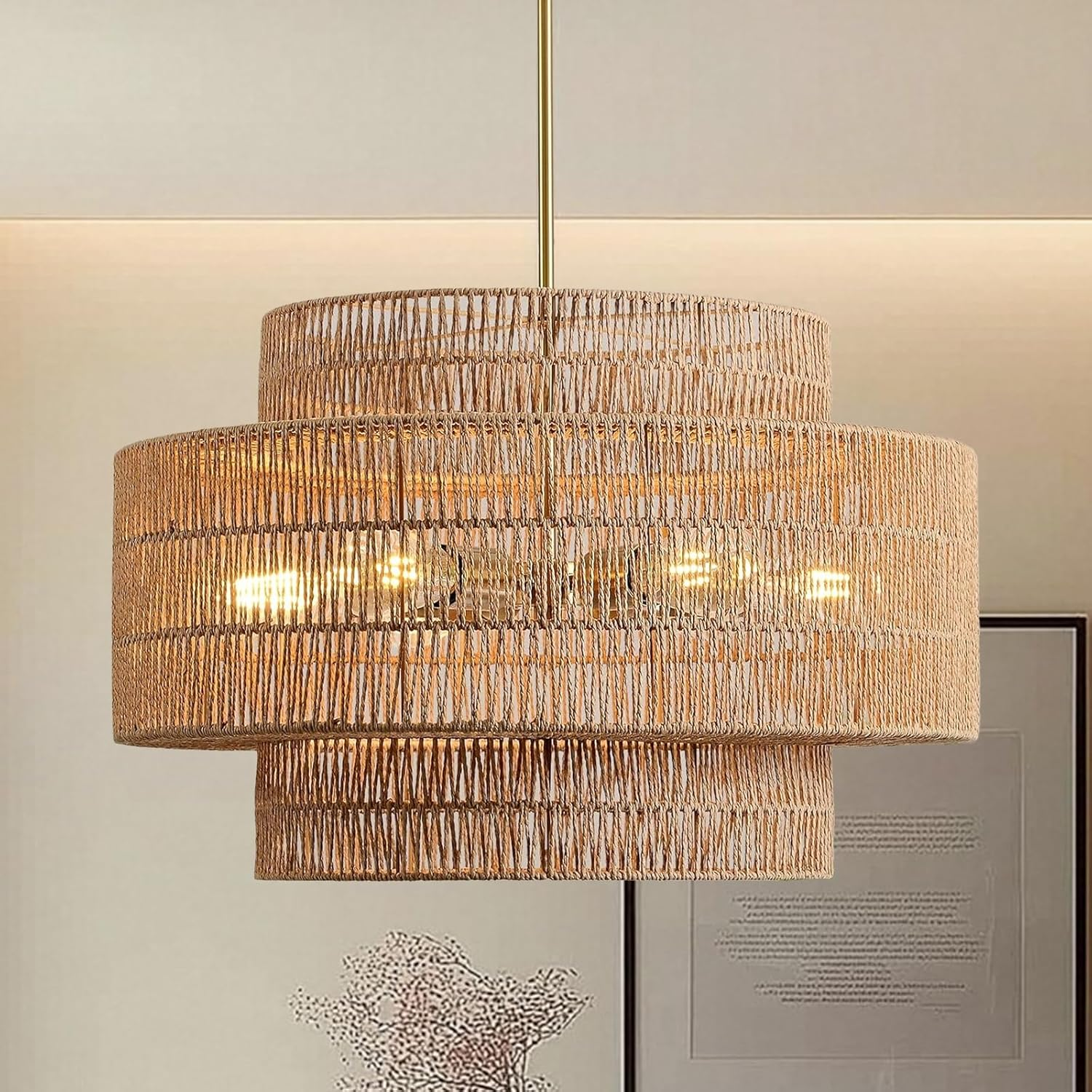 USOR 6-Light Boho Rattan Chandelier Vintage Light Fixture Woven Dome Farmhouse Pendant Light Wicker Straw Look Lamp Rattan Pendant Shade for Kitchen Island Foyer Bedroom Living Room Dining Room D60M