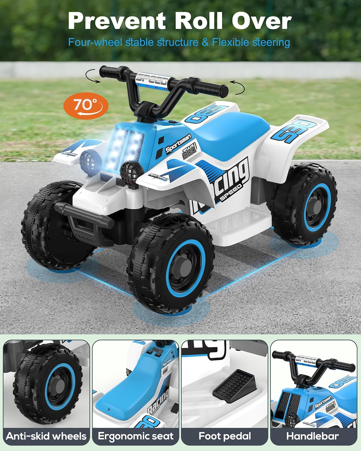 ANPABO 6V 7AH Kids ATV Ride on Toy, 4 Wheeler for Toddler W/Headlight, Forward & Reverse, Horn, Music Player, USB, MP3, Treaded Tires, Ideal for Toddlers(Blue-White) - Pink image number 2
