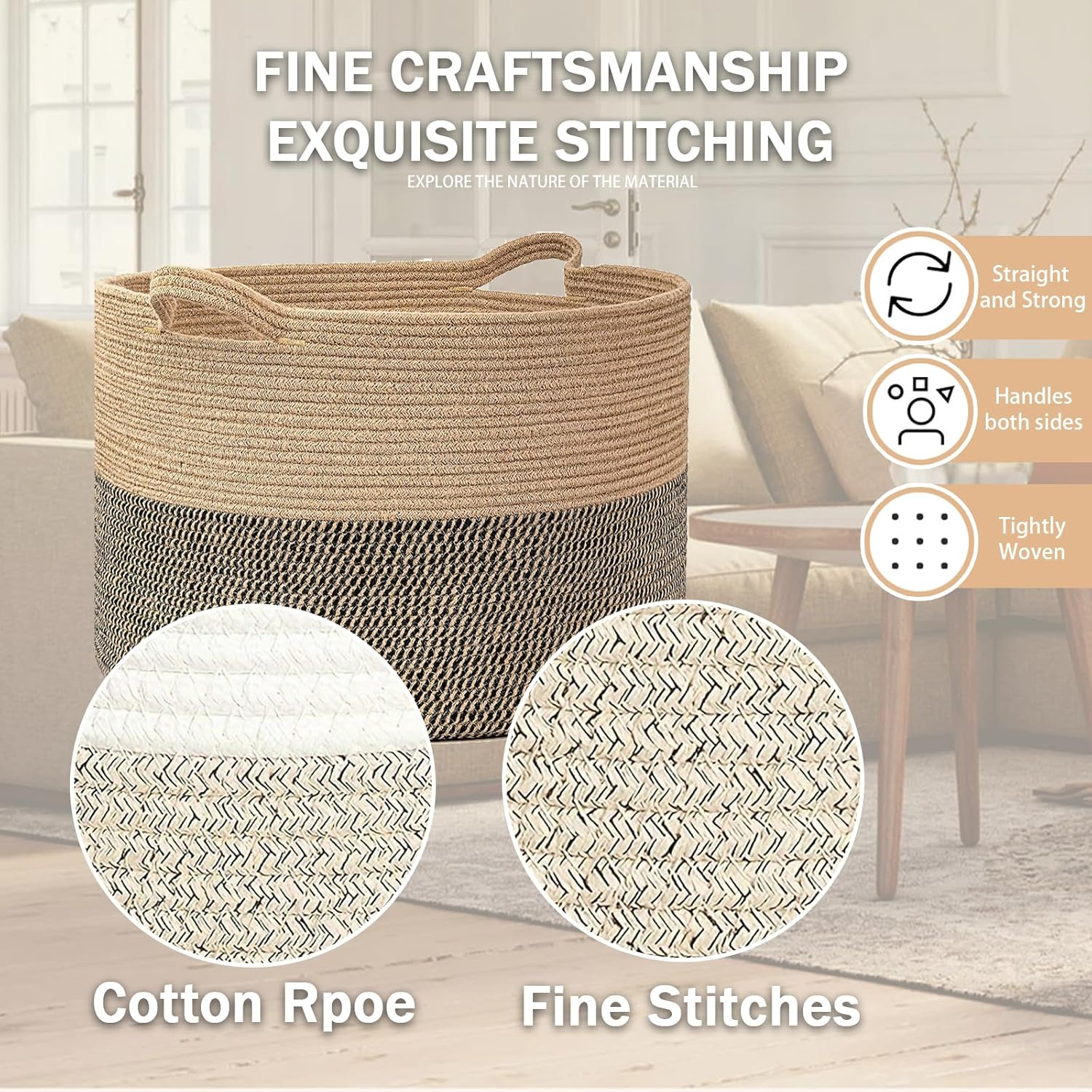 Large round Blanket Basket with Handles 55X35Cm round Jute Black Blanket Basket with Handles for Toys,Pillows, Laundry for Nursery,Living Room,Laundry Room Extra Cotton Rope Storage Basket Cotton Rope Storage Basket image number 4