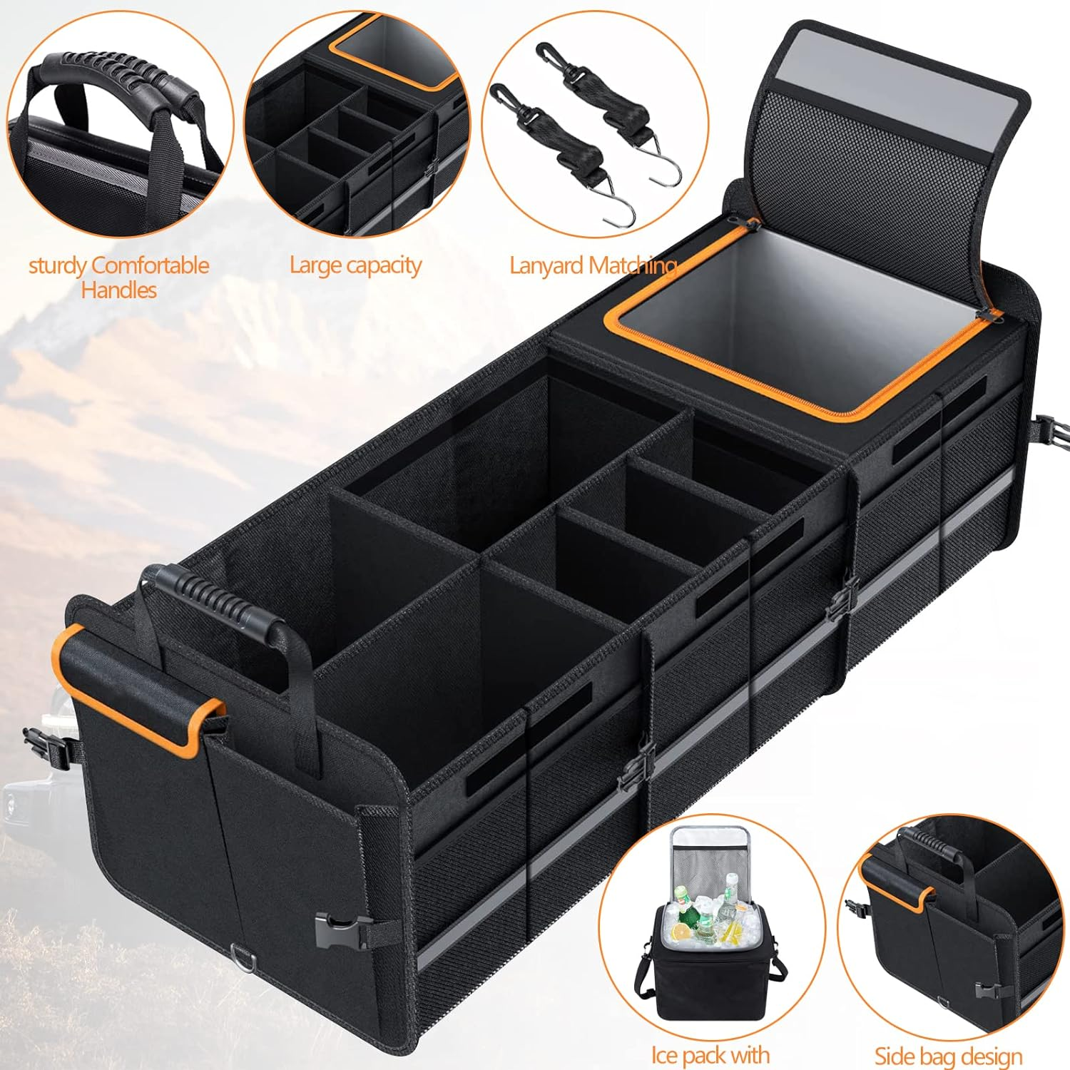Trunk Organizer for Car, Foldable Car Storage Bag Portable with Built-In Leakproof Insulation Cooler Bag, 5 Compartments Vehicle Divider Heavy Duty Cargo Tote for SUV RV Lorry Truck Car Trip (T783) image number 6