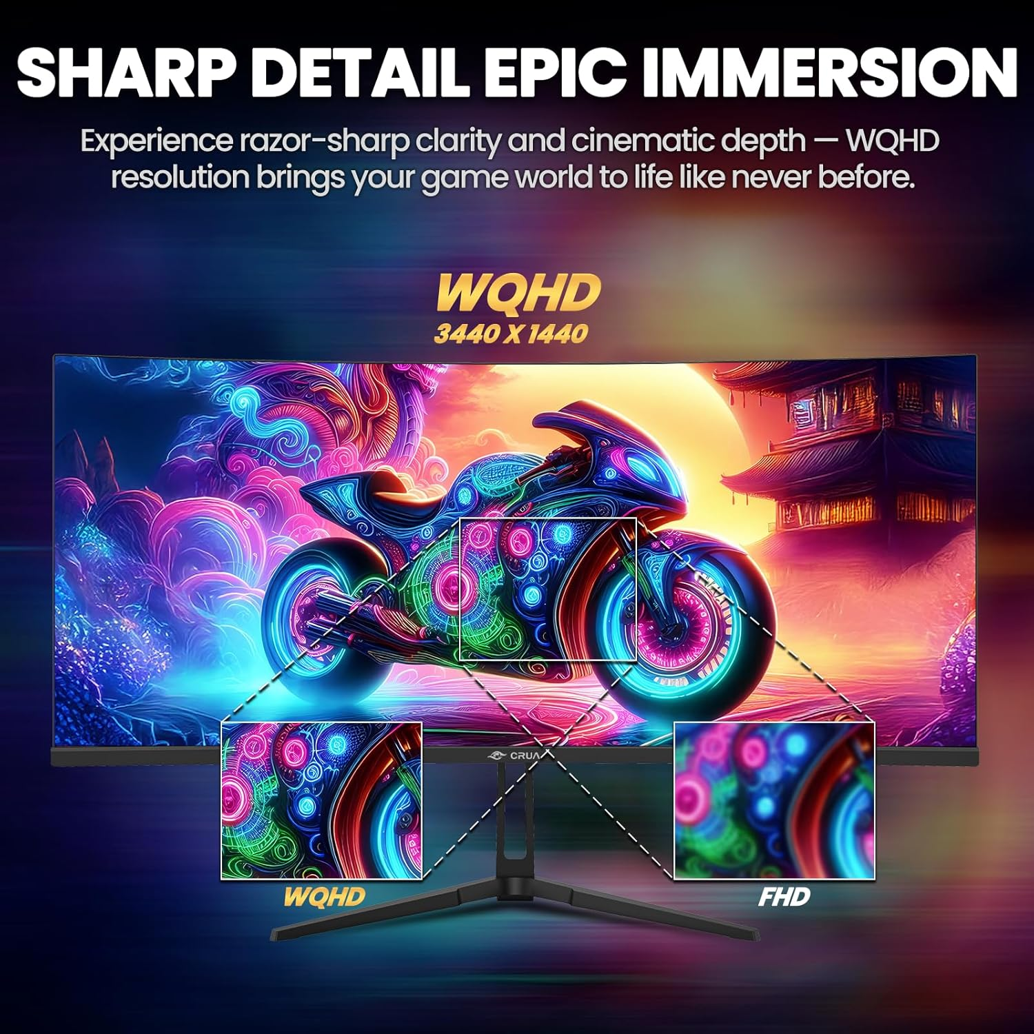 CRUA 34" Curved Gaming Monitor, WQHD(3440&times;1440), DCI-P3 98%, 1900R IPS Panel, 120Hz, 1Ms, HDR, Ambient Light, Gaming LED Light, Desk-Mounted(Hdmi 2.0/DP 1.4)- Black image number 3